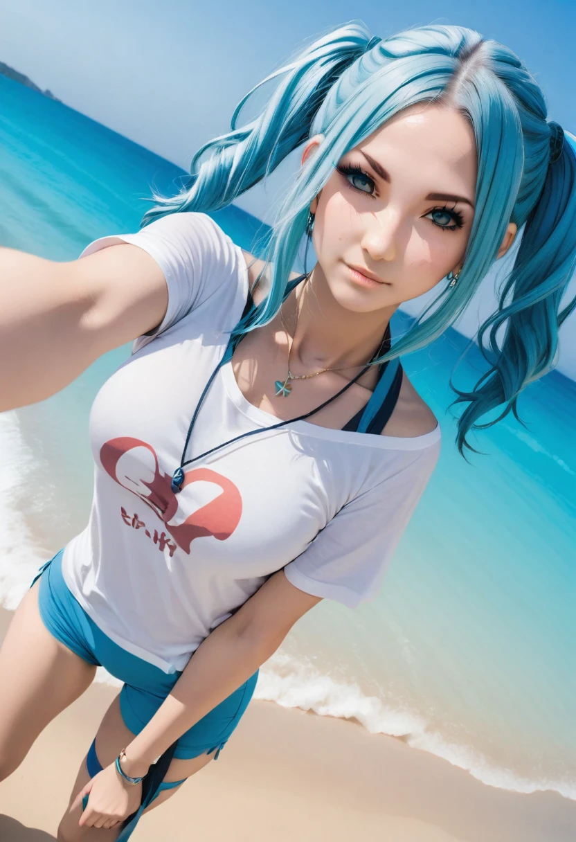 Aisha hanabi, blue hair, ultra wide angle, beach