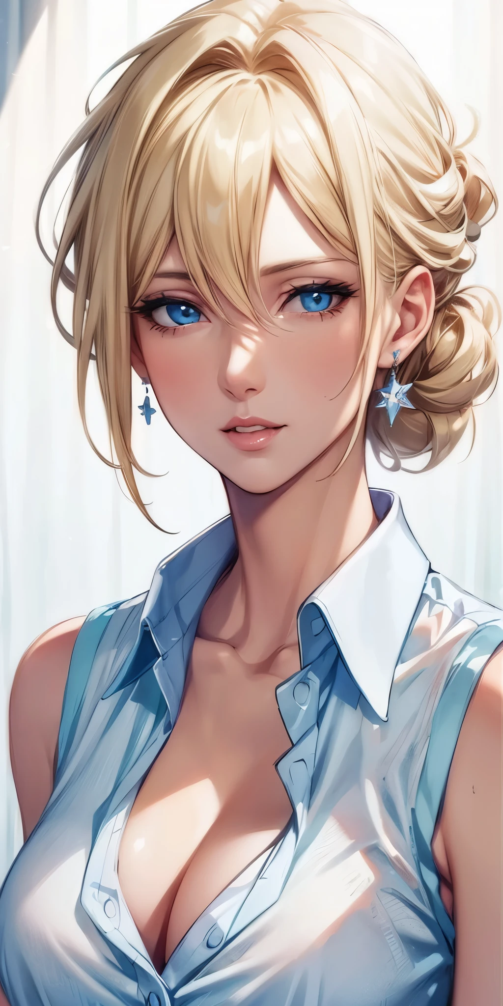 (best quality, highres, realistic), portrait, elegant mature woman, blue eyes,blonde hair, big breast, ultra detailed cg 8k, beautiful cg, soft light