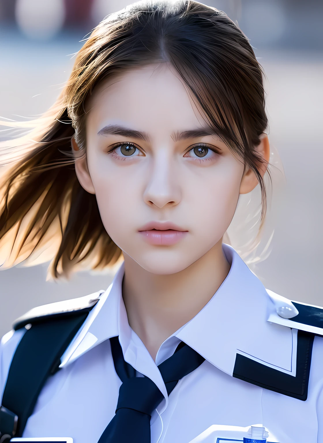 (cop uniform), (masterpiece, highest quality, pretty girl, beautiful face, 8K, Raw photo, realistic, confused:1.2), teens,female equestrian police officer, chromatic aberration, High resolution, Super detailed, finely,, fine skin, eyes and face, sharp pupils, realistic student, sharp focus, street、