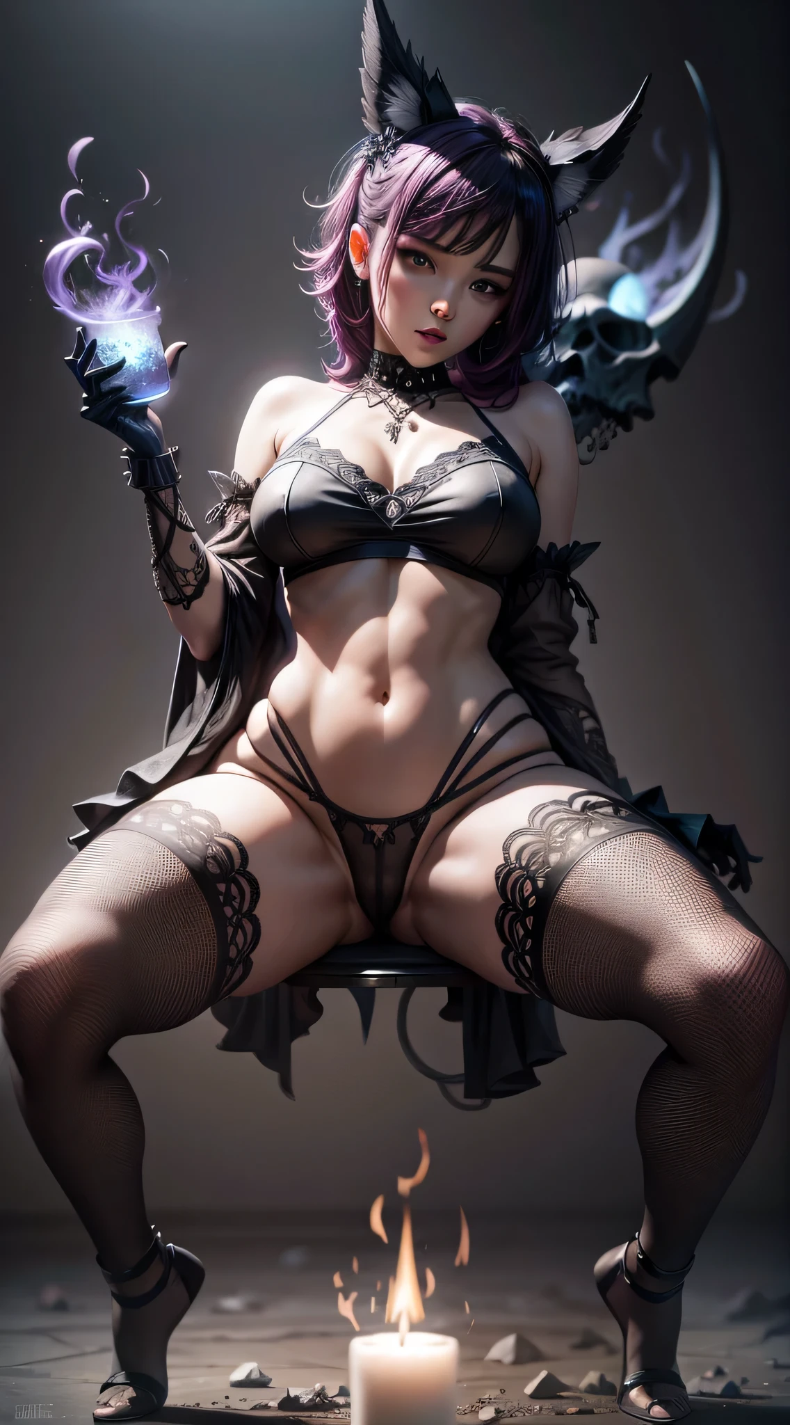 Full body portrait, 1Punk girl with transparent mesh panties, see-through mesh panties, busty, curvy hips, open legs, legs spread wide open, Sexy, skulls and lit candles around and in the background, highly detailed, intricate, 8k, Ray tracing, V-Ray, Ultra-detailed, sharp focus