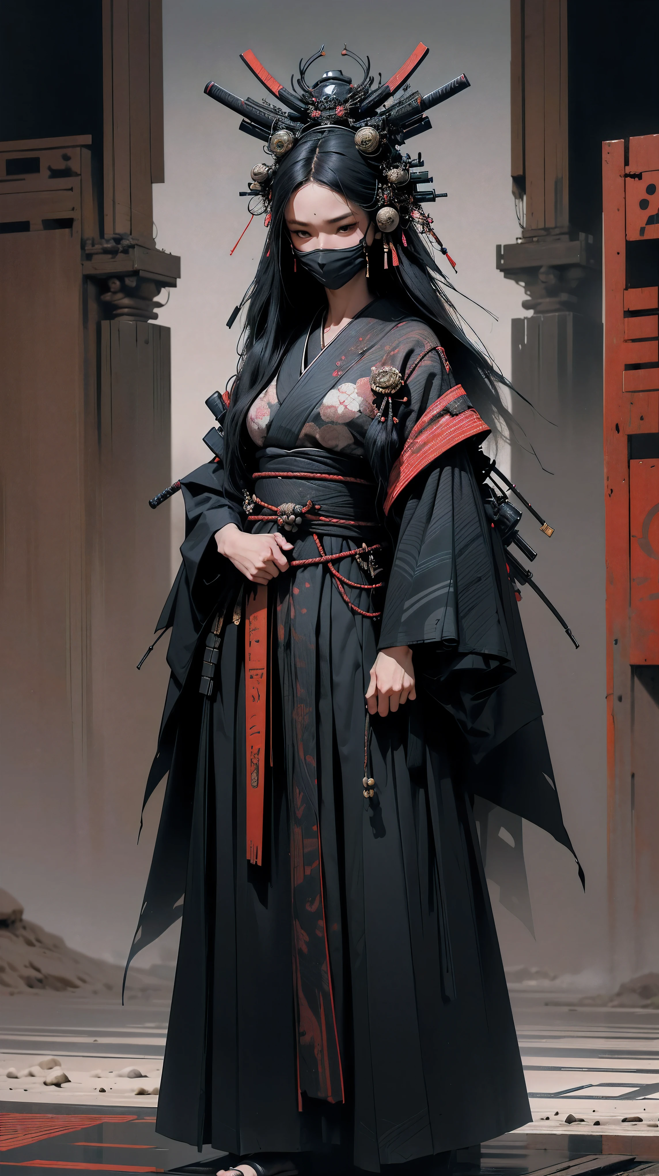 (highres,photorealistic) samurai girl, white skin, face mask, absolutely black kimono, black katana, intricate pattern on black kimono, detailed armor, elegant posture, fierce expression, dark night background, intense atmosphere, samurai code of honor, powerful warrior, stoic and disciplined demeanor, gracefully flowing hair, piercing eyes, determined and focused gaze, subtle shadows and highlights, dynamic katana movement, striking and precise strikes, intense battle scenes, traditional Japanese calligraphy, ornate and intricate details on the katana