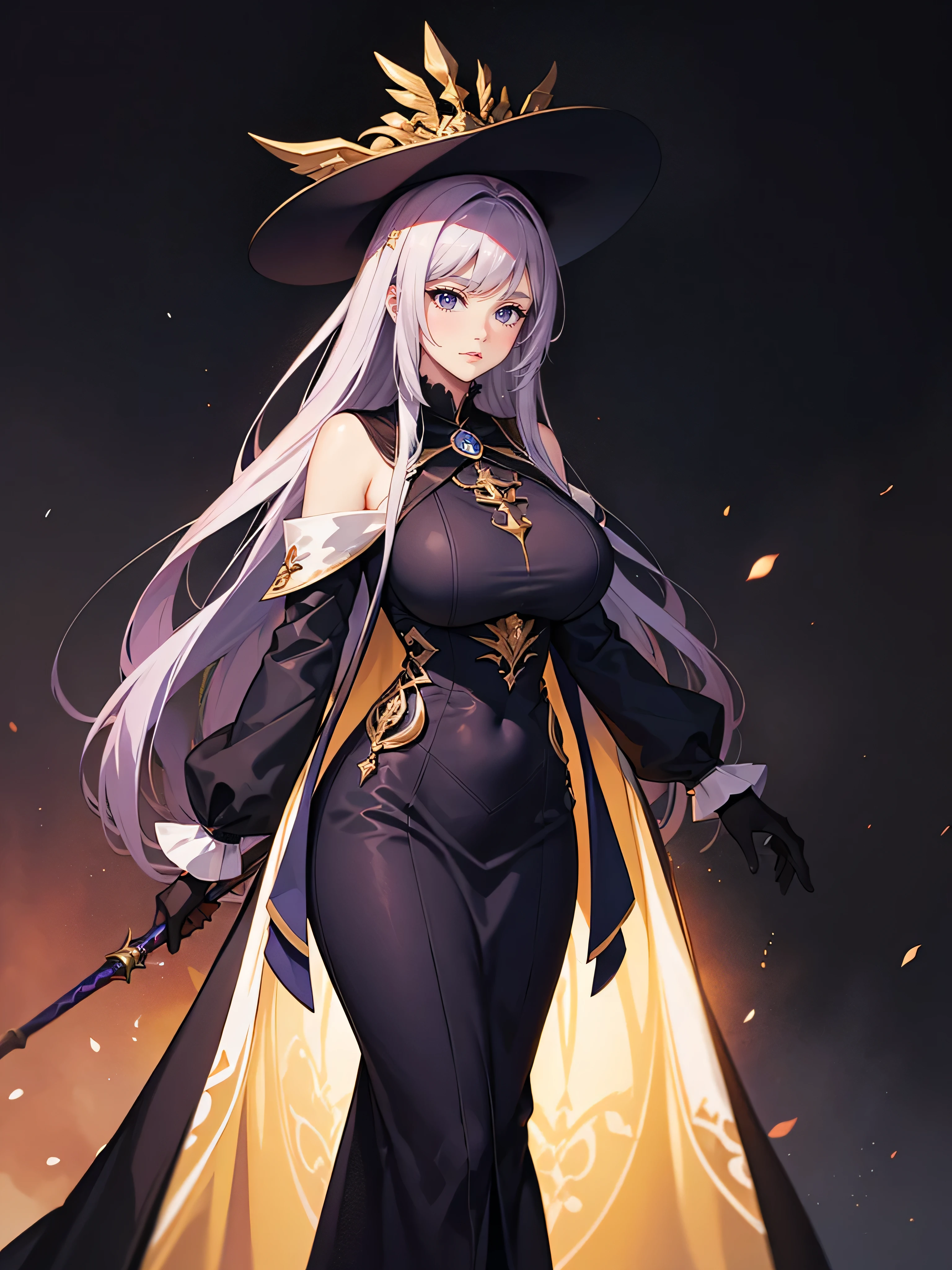 Sorceress woman with extremely long shiny purple hair wearing a big long black dress Giant sorceress hat looks serious arrogant woman in her 30s high quality masterpiece supreme sorceress unknown technology holding a supreme staff tall woman 