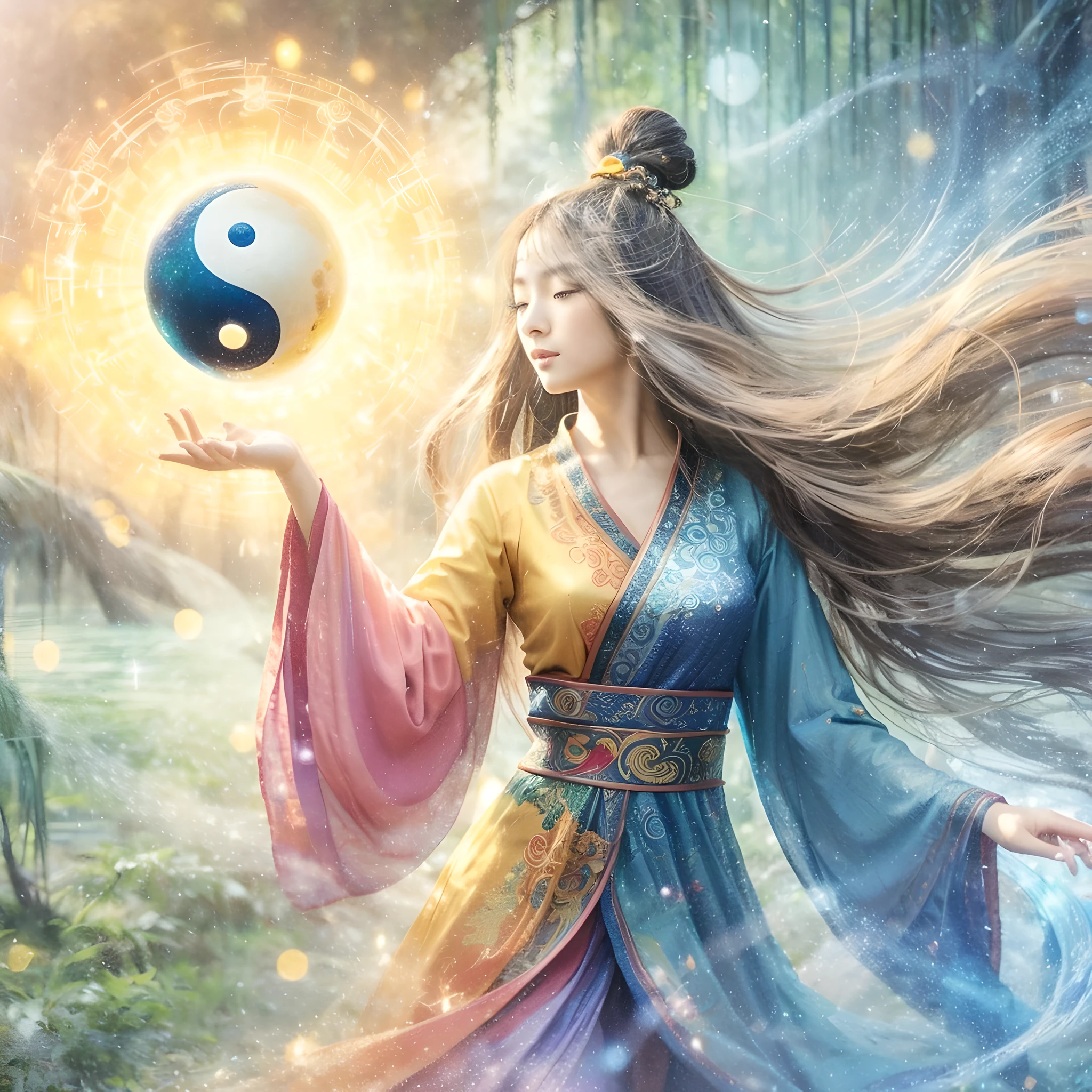 A photorealistic image of 25 year old Chinese woman with flowing long black hair,with one palm above facing downward and one palm facing below facing upward in front of her body, dancing gracefully,in the middle she holds a mystical sphere of Yin Yang radiating with energy,she wears a traditional blue,red,yellow,green dress with intricate design, background mystical landscape of nature in blurred bokeh image surrounded by magical dust.