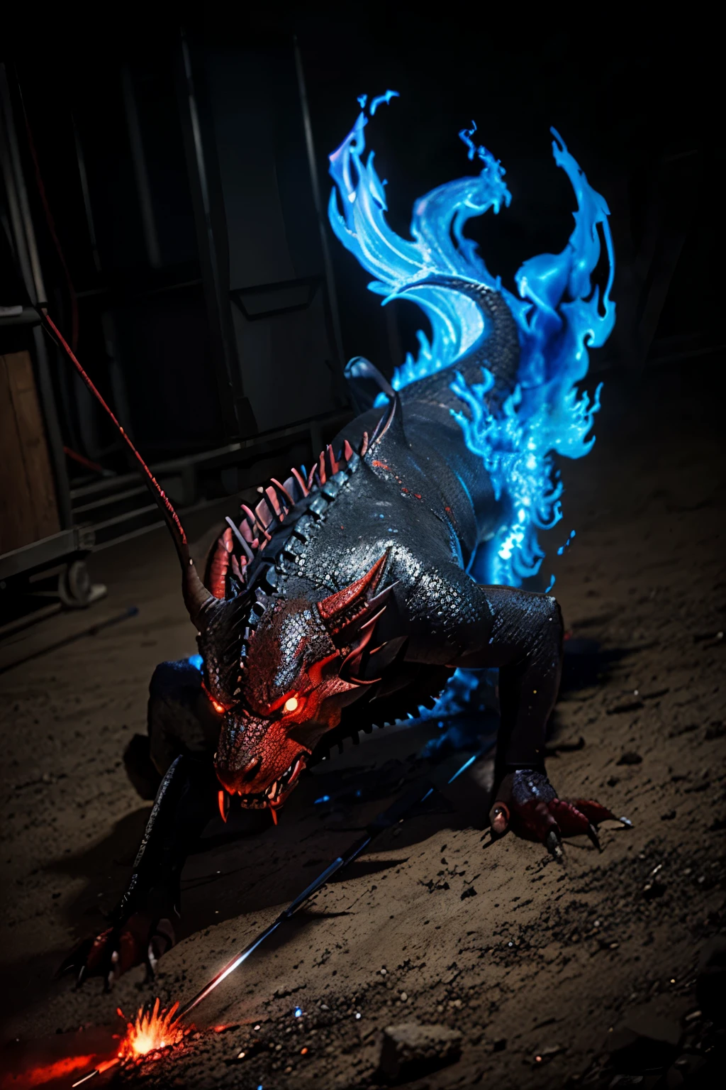 fighting a red dragon that shoots blue flames