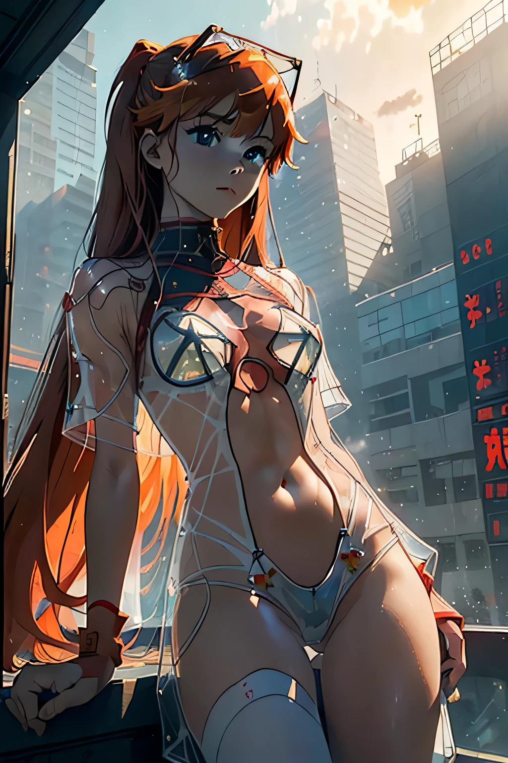 (Mejor calidad)): (Top-quality: 1.1), ((Obra maestra)): (Masterpiece: 1.2), (Muy detallado: 1.3), (3D: 1.0), (Hermoso: 1.3), ((Asuka Langley Shikinami)): (Cyberpunk: 1.3, Beautiful and detailed Asuka Langley Shikinami), ((Ropa transparente)): (Transparent clothing: 1.5), ((Falta muy corta)): (Almost revealing: 1.4), ((Perfecto)): (Perfect: 1.0), ((V