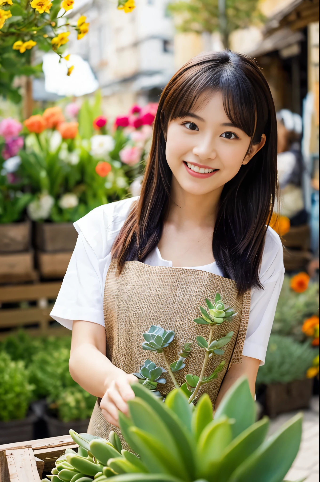 ((masterpiece,best quality 1.4)), (8K,Raw photo:1.2), (realistic,photo realistic:1.4), ultra high resolution , (Highly detailed 8K wallpaper) ,japanese idol, Japanese actress, Japanese, very cute, Big eyes, highly detailed eyes and face, Beautiful eyes in every detail,shiny skin,portrait,(ponytail :1.2),(smile:1.3) ,(holding a bouquet:1.2),lit, sharp focus, Depth of written boundary , (dynamic angle:1.4 ). blur background, Bokeh, (apron:1.3) ,A small flower shop bathed in spring sunlight, A row of colorful flowers. In front of the shop, Bright bouquets and hanging succulents are on display... The background is a cobblestone street and an old-fashioned streetscape..