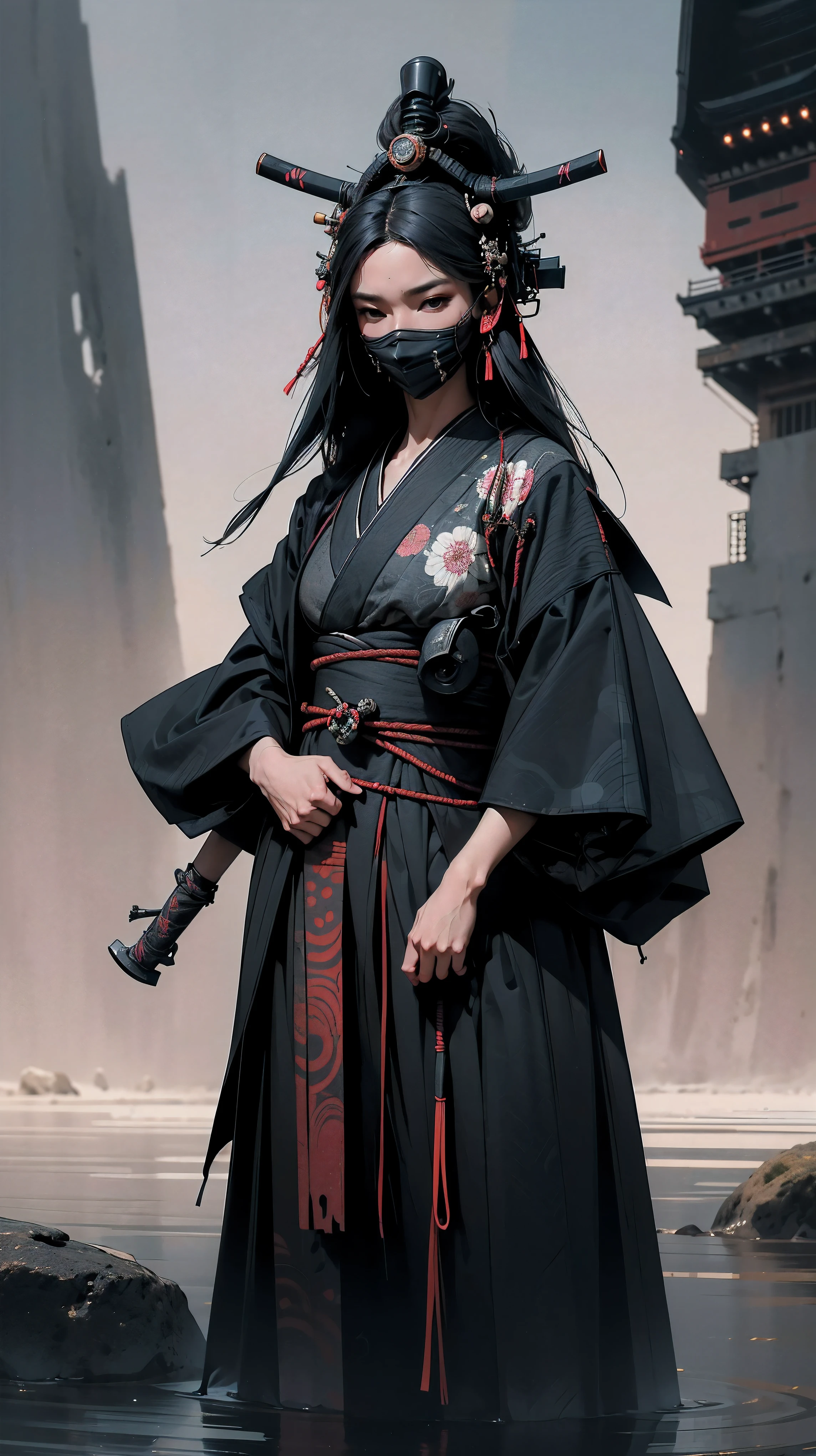 (highres,photorealistic) samurai girl, white skin, face mask, absolutely black kimono, black katana, intricate pattern on black kimono, detailed armor, elegant posture, fierce expression, dark night background, intense atmosphere, samurai code of honor, powerful warrior, stoic and disciplined demeanor, gracefully flowing hair, piercing eyes, determined and focused gaze, subtle shadows and highlights, dynamic katana movement, striking and precise strikes, intense battle scenes, traditional Japanese calligraphy, ornate and intricate details on the katana