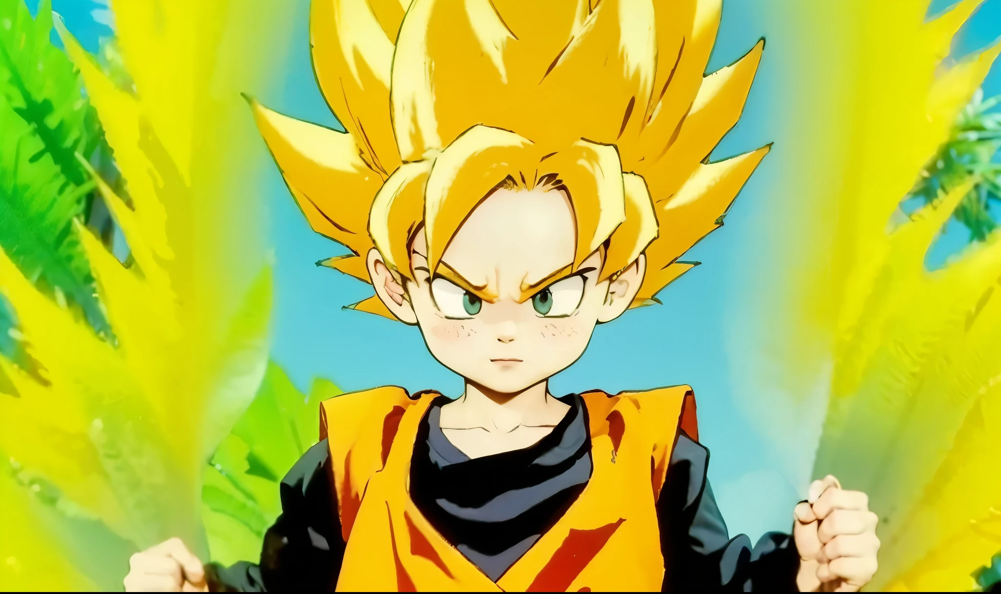 Menino com com roupa azul com laranja