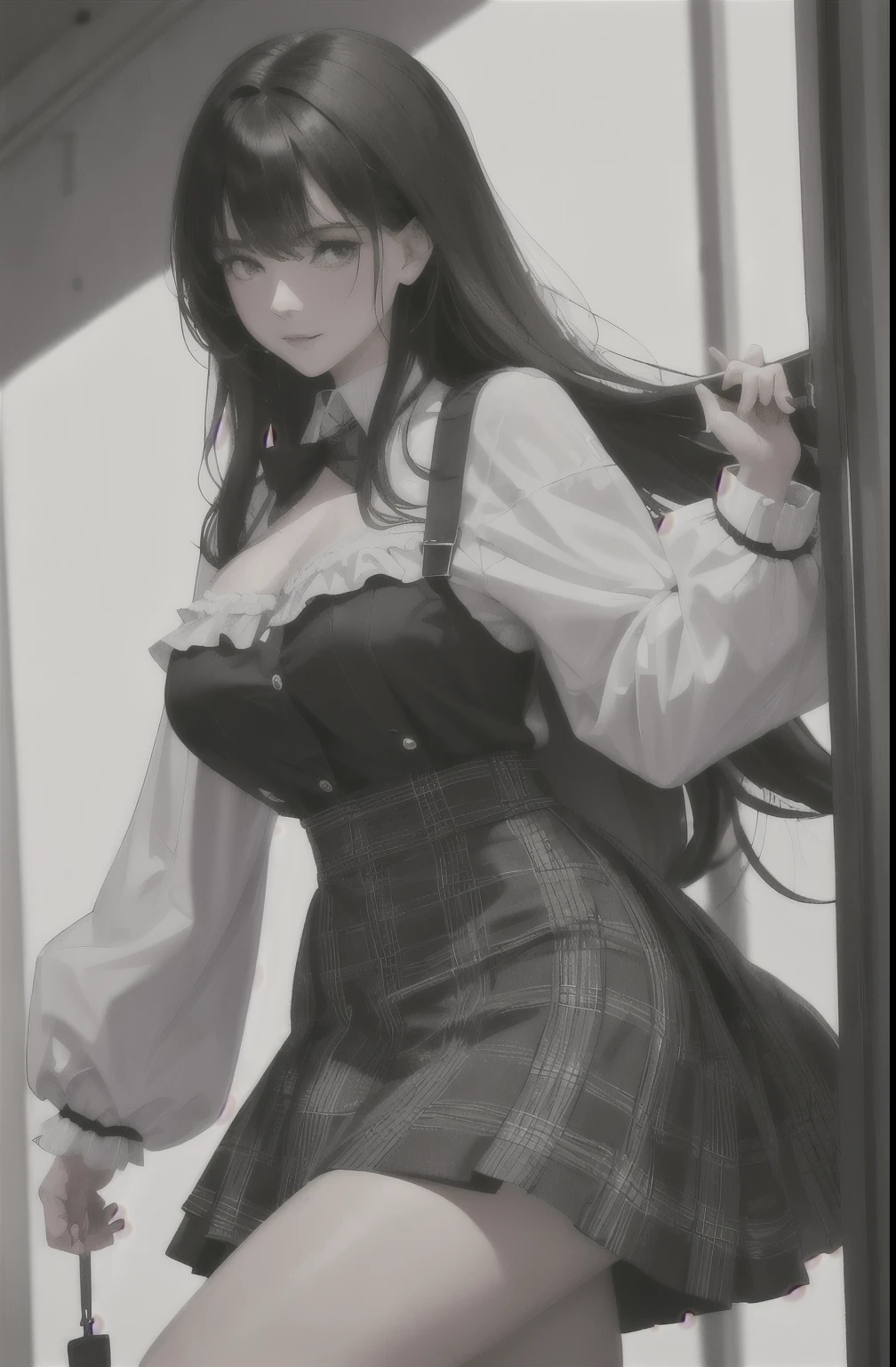 NSFW、masterpiece、Top image quality、high detailing、Detailed beautiful face and eyes、window、、(nighttime scene:1.5)、nighttime scene、(Black Blazer:1.2)、(red eyes:1.2)、Delicate interior design、(cowboy shot:1.2)、Adult panties、1girl in、(Black Long Straight Hair:1.4)、red blush、(a beauty girl)、full-face blush、embarrassed、angry、(Blunt bangs:1.2)、(huge-breasted:1.1)、Clothed big breasts、Big buttocks、thick thight、(In black stockings:1.4)、(Pants over pantyhose:1.4)、a choker、(adult body:1.2)、(Micro Black Pleated Skirt:1.2)、(Short skirt:1.5)、(Panties are visible:1.5)、(Skirt is pulled up:1.3)、(Strong wind from below:1.2)、(Strong wind from below:1.4)
