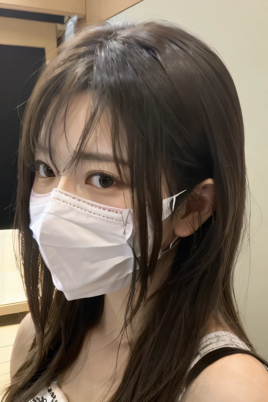 8K, highest quality, masterpiece, ultra high resolution, (realistic: 1.4), Raw photo, realistic skin texture, (film grain: 1.3), 1 girl, Beautifully detailed eyes and face, masterpiece, highest quality, Upper body, japanese idol, Fair skin, mask, natural blurred background, close, Other shots, big, front photo, hide your face on your phone, Face covered, Wearing a mask, profile