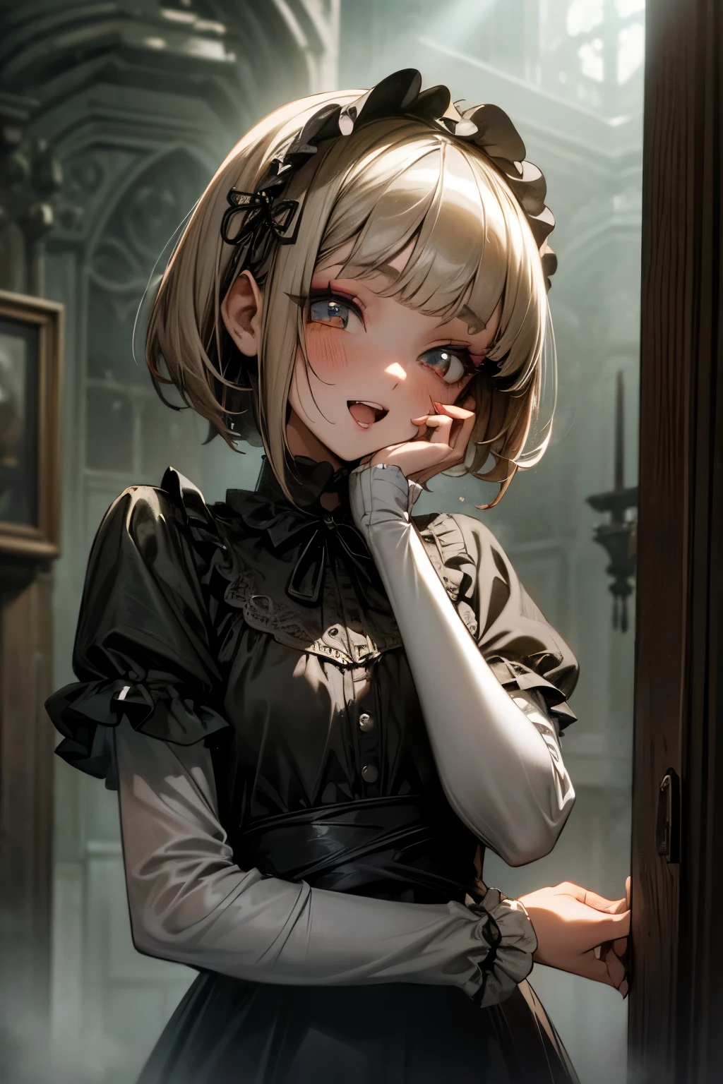 ((Masterpiece)), ((best quality)), (Anime:1.5), (RAW photo:1.2), (High Definition:1.3), (Professional Photography:1.2), ((12 years old)), 1girl, ((closeup face)), blunt bangs, feminine, pale brown hair, ((pixie cut)), Hair hide eyes, muted colors, pale skin, (makeup goth:1.4), cute, Glossy lips, (Stitched arm), Bleeding from eye, (crazy smile), (open mouth), head wreath, BREAK, ((best quality)), night, put hand on cheek, ((mist effect)), (indoors), bell, (cobwebs), ((Gothic horror atmosphere)), glowing, (on the antique room), dark white, ruins,