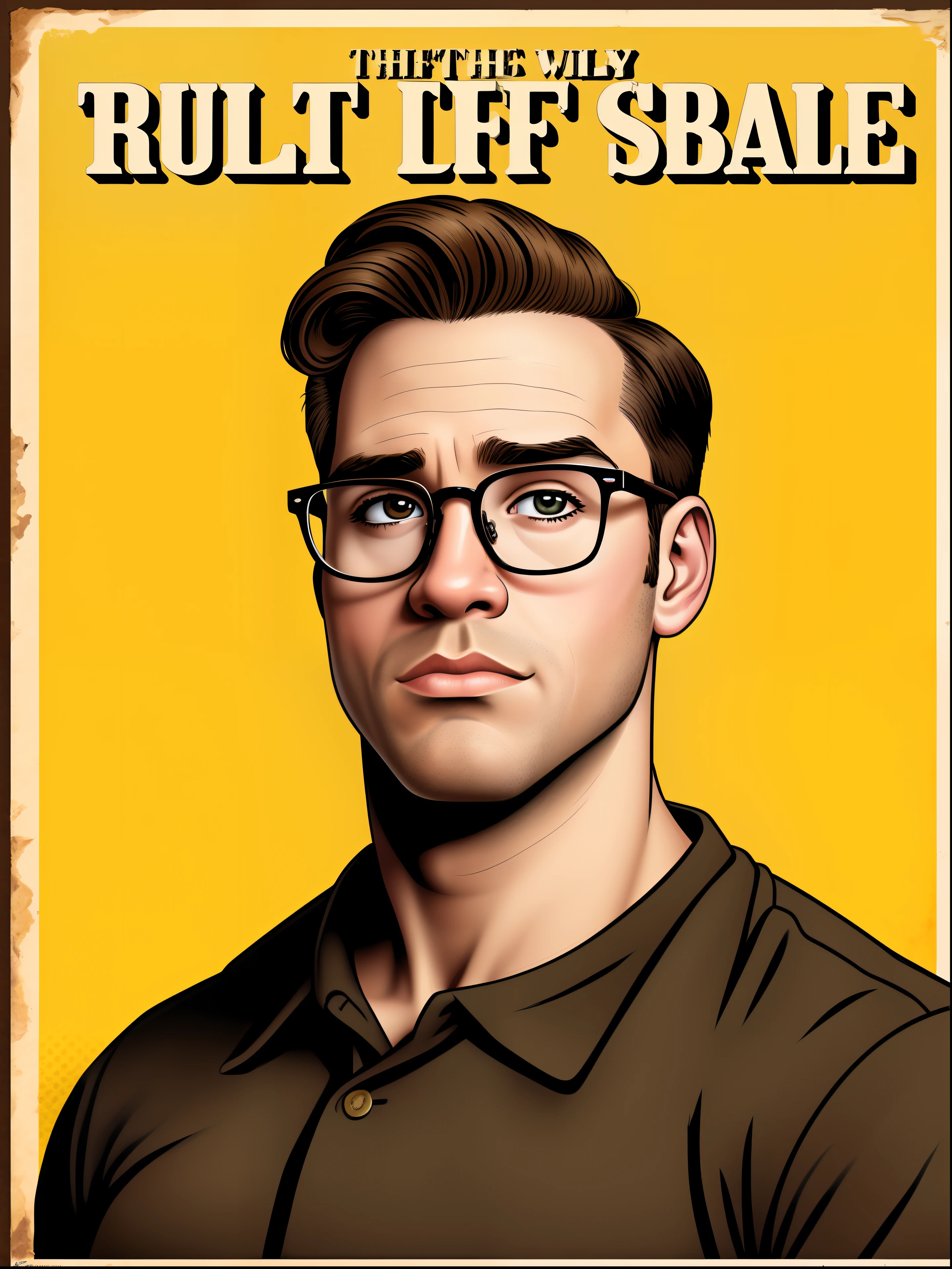 A highly detailed propaganda poster, arte pop, tipografia, papel vintage, the rule of thirds, trends on Artstation, Ultra HD, copos, Cabelo castanho, homem, muscular, olhos castanhos, chiseled jaw, Franzindo a testa, Sobrancelhas espessas, raspada