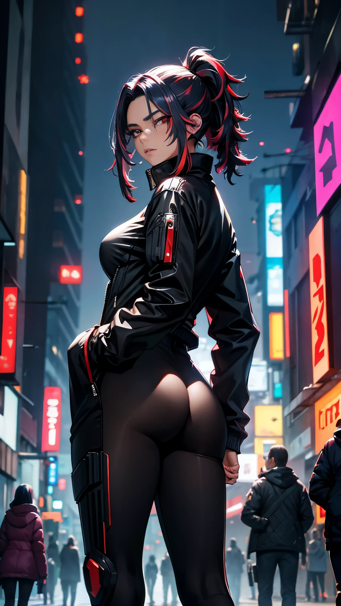 1 women black haired, cyber mask, one eye covered , breast,large butt, black pantyhose,black jacket, red eyes , looking back, night time, in cyberpunk city, hands in pockets