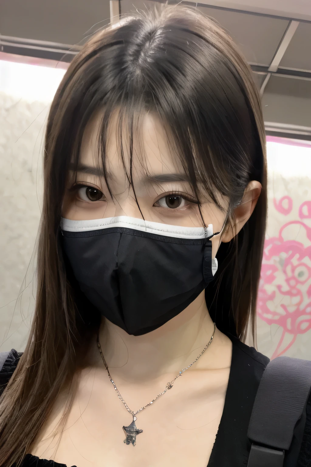 8K, highest quality, masterpiece, ultra high resolution, (realistic: 1.4), Raw photo, realistic skin texture, (film grain: 1.3), 1 girl, Beautifully detailed eyes and face, masterpiece, highest quality, Upper body, japanese idol, Fair skin, mask, natural blurred background, close, Other shots, big, front photo, hide your face on your phone, Face covered, Wearing a mask, necklace around neck、dark eyeliner、black hair