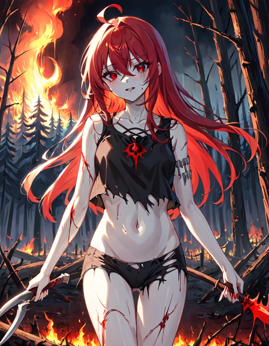 1 GIRL, WHOLE BODY, (BEST QUALITY), ROTTEN BODY, SEXI BODY, RIPPED CLOTHES, SMALL TORN BLOUSE, BELLY SHOWN, RIGHT ARM WITHOUT MEAT ONLY BONE, SMALL SICKLE IN HAND, SICKLE DIRTY WITH BLOOD, PALE SKIN, RED EYES NEON, LOOK OF PLEASURE, JUST KILLED A VICTIM, LONG HAIR, BANGS BETWEEN THE EYES, LOCKS OF RED HAIR, WOUNDS ON THE BODY, ANIME STYLE, BONES SHOWING, GODDESS OF DEATH, BODIES IN THE BACKGROUND, BURNING BODIES IN THE BACKGROUND, DESTROYED FOREST IN THE BACKGROUND, BLOOD EVERYWHERE, BODIES EVERYWHERE.
