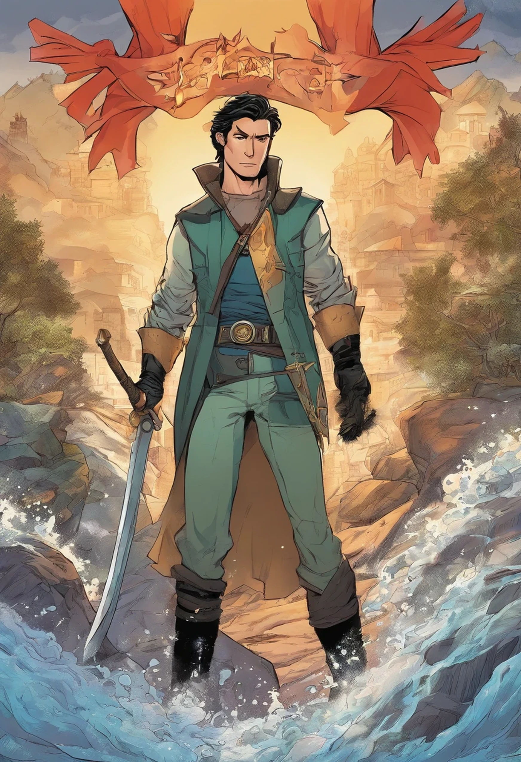 Description: Kael is a young and agile man, com cabelos negros desgrenhados e olhos penetrantes. He carries with him an aura of mystery and determination, with visible scars on his face that testify to the challenges he faced. Your look is cunning and your smile is subtle, revealing his cunning and ability to escape dangerous situations.