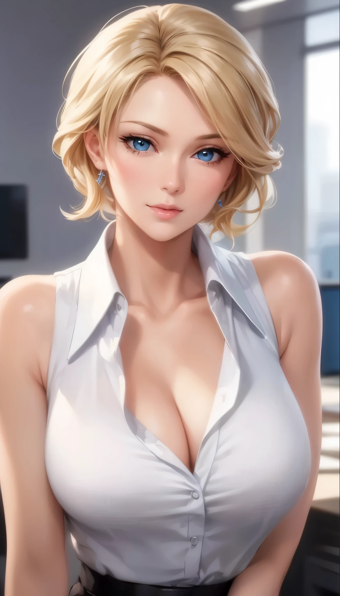 (best quality, highres, realistic), portrait, elegant mature woman, blue eyes,blonde hair, big breast, ultra detailed cg 8k, beautiful cg, soft light