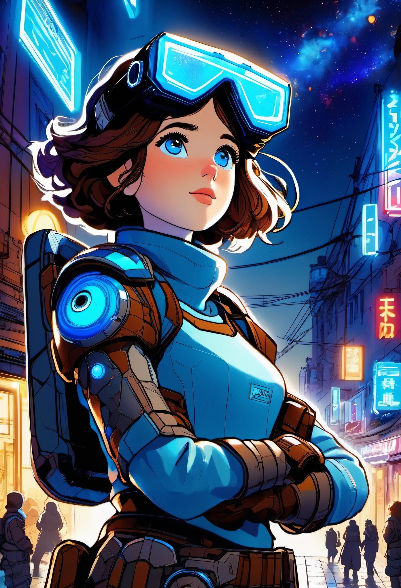 1girl, look up, dim light, , Horizon_(apex legends), goggles, blue eyes, brown hair, gauntlets, shoulder armor, headwear, (freckles:0.5), , (science_fiction), outdoors, street, neon lights((Marc Chagall style)), magical naive art, primitivism, protogenes,((Best quality, masterpiece)),
(Higher detail), Impressionism:1.1, 8k