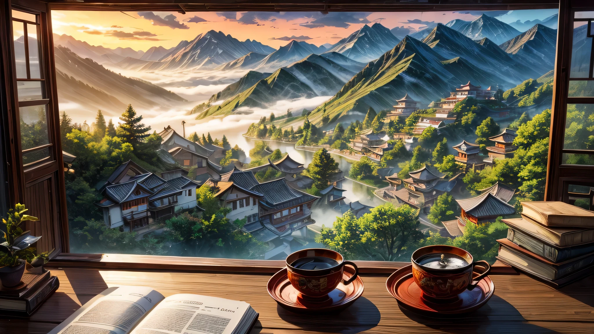 [Best quality,4K,8 k,A high resolution,masterpiece:1.2],Ultra detailed,[realistic,photorealistic,photo-realistic:1.37]
landscape,chinese traditional village,sunrise,wooden table,beautiful book,Mountains,green,Fog