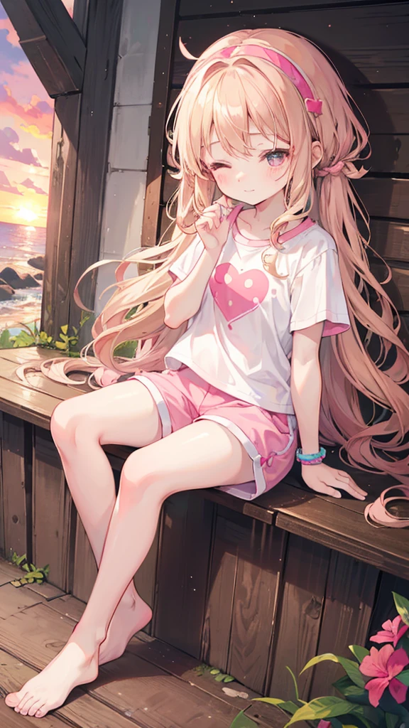 a cute 6 church girl named Anna, both brownish blonde hair, long wavy hair, short sleeved white tshirt, pink shorts, wearing a pink hairband, on knees, praying, eyes closed, sunset, slight smile, wristbands, barefoot