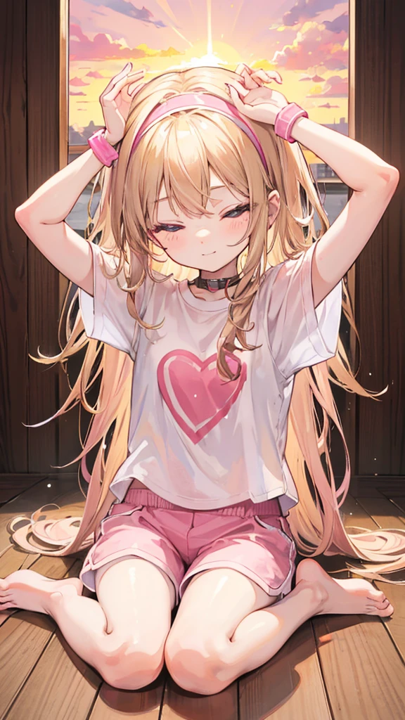 a cute 6 year old church girl named Anna, both brownish blonde hair, long wavy hair, short sleeved white tshirt, pink shorts, wearing a pink hairband, on knees, praying, eyes closed, sunset, slight smile, wristbands, barefoot