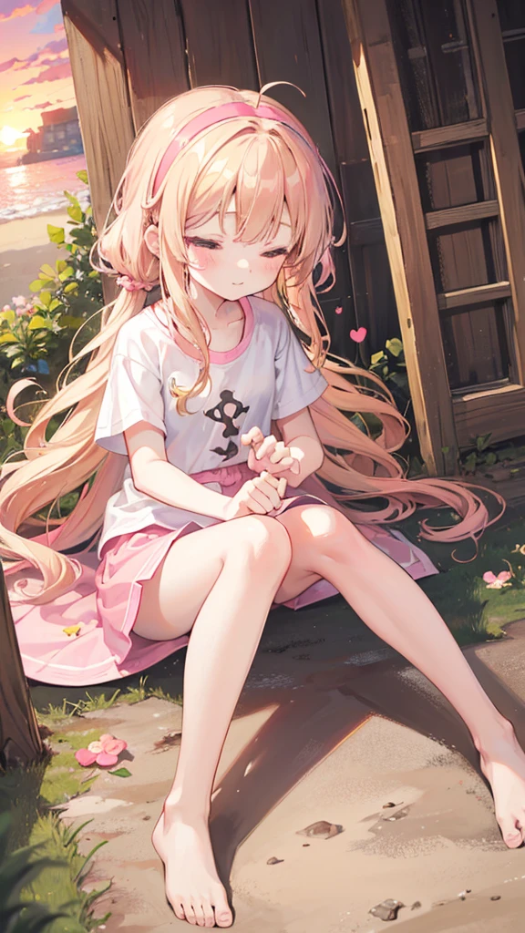 a cute 6 year old church girl named Anna, both brownish blonde hair, long wavy hair, short sleeved white tshirt, pink shorts, wearing a pink hairband, on knees, praying, eyes closed, sunset, slight smile, wristbands, barefoot