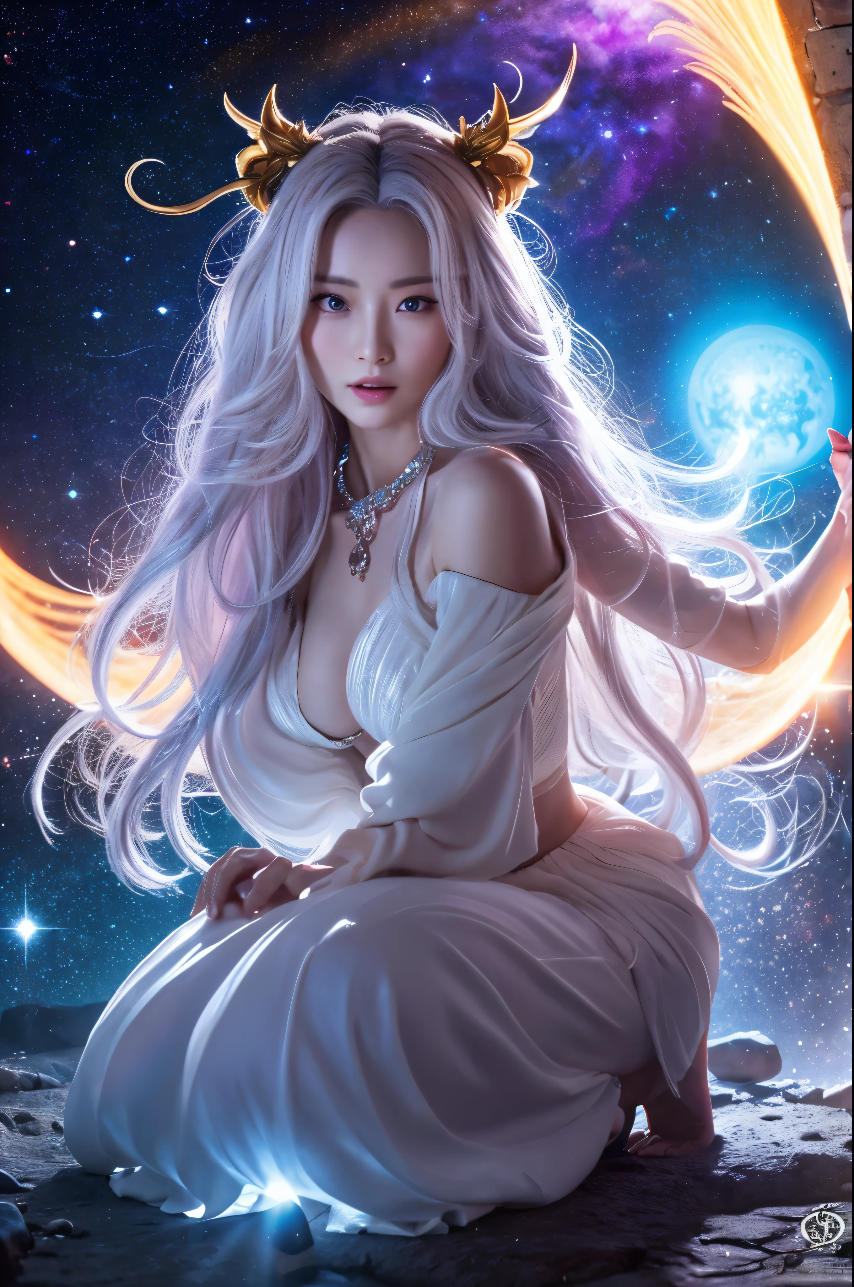 1 Frau, 30 Jahre alt. (Eine Frau, 30 Jahre alt.) - hyperrealistisches Bild, Ultradetailiert (extremely detailed), Best quality, An image of an extremely beautiful goddess, Mit einem bezaubernden halbkoreanischen Gesicht, Sie ist lang, Bright white hair falls to her waist, Gracefully large antlers grow from her aristocratic forehead, The Goddess kneels humbly in the stardust of the galaxy, Sie meditiert im Sternenstaub und zieht das Bewusstsein jedes Lebewesens in der Galaxis in sich ein.