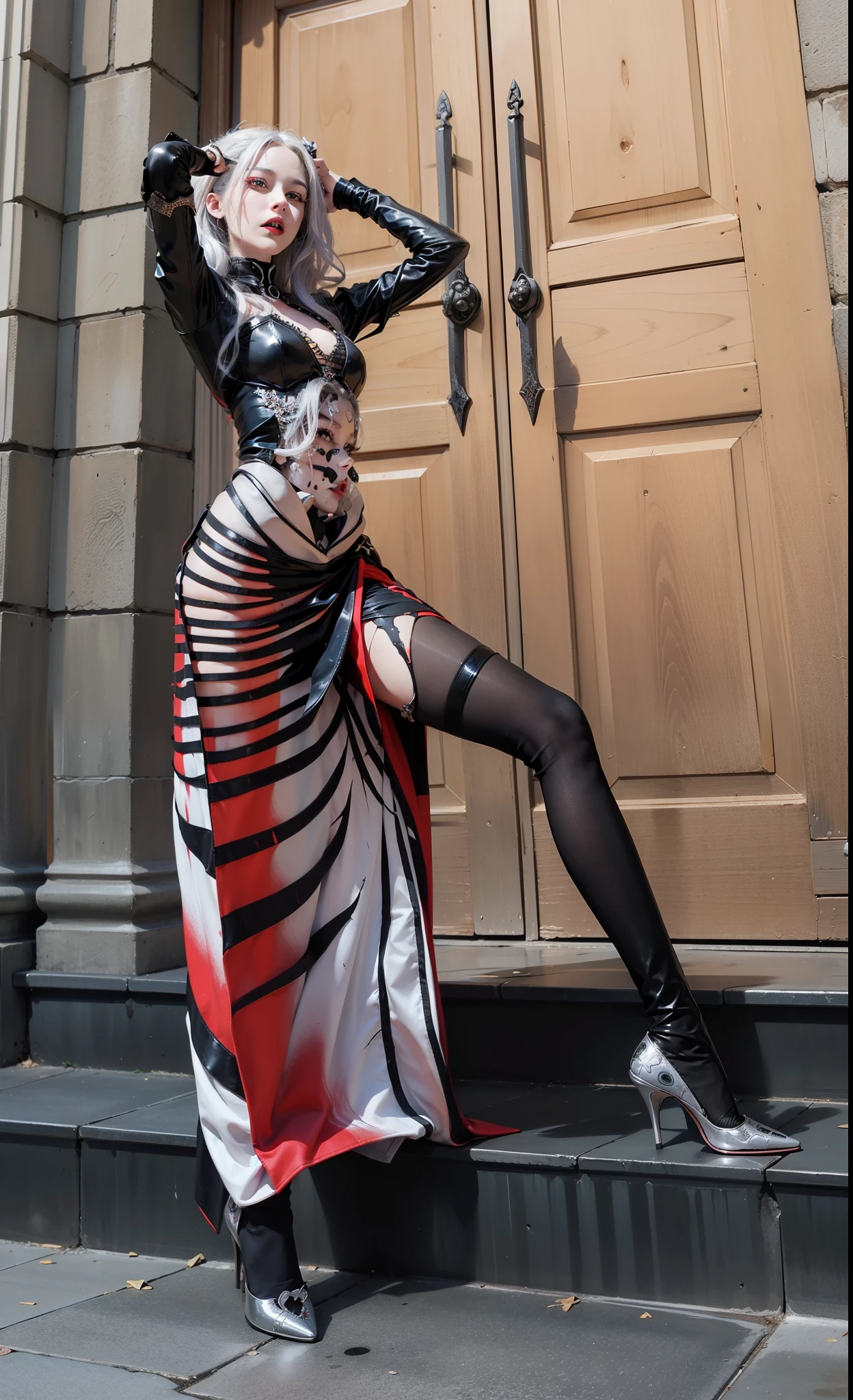 masterpiece, best quality, anime, highly detailed face, highly detailed eyes, highly detailed background, perfect lighting, full body, 1girl, solo, kaela kovalskia, tall, red-tinted eyewear, eyewear on head, fur trim, white dress, bodysuit, gloves, red hairband, large breasts, city, street, realistic, tatto, full body, ultra detail, hd, cute