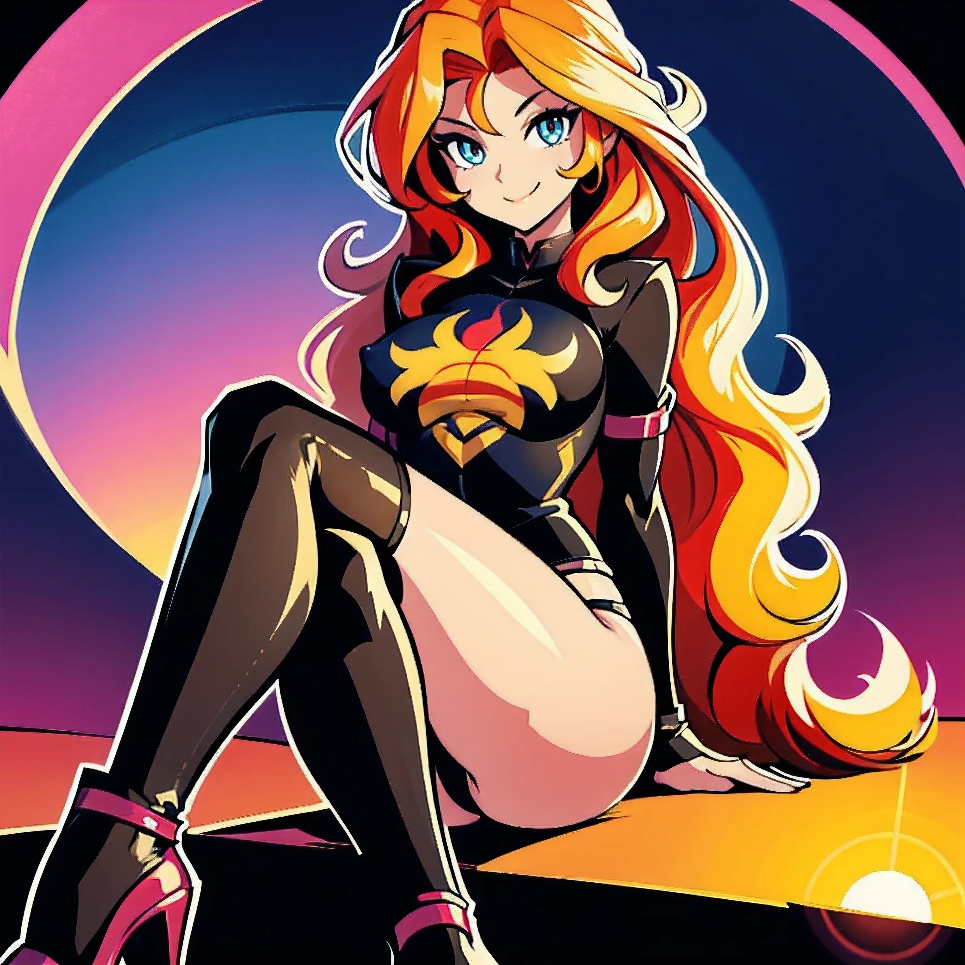 STICKER, solid outline:1.2, NSFW:1.2, masterpiece, best quality:1.2, full body:1.2, Full length, Sunset Shimmer topless, Sunset Shimmer sitting down, legs crossed, black underwear, black high heels, black jacket open, black stockings, arms crossed, big bare breasts, erect nipples, full body view, Sunset Shimmer from my little pony, full body portrait, solo, 1girl, smile, full length, looking up at viewer, vintage t-shirt design, in the style of hand drawing, 3D vector art, fantasy art, watercolour effect, Adobe Illustrator, hand-drawn, digital painting, low-poly, soft lighting, isometric style, retro aesthetic, focused on the character, 4K resolution, photo realistic rendering, using Cinema 4D,