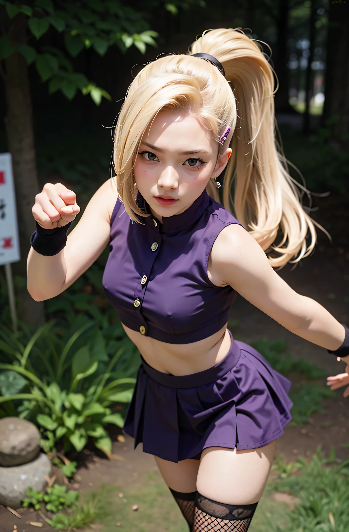 yamanaka ino, hair over one eye, ponytail, hairclip purple crop top, sleeveless, purple skirt, fishnets, earrings, midriff, ultra realistic, high res, highly detail, masterpiece, best quality, blushing, kawaii face, cute face, fighting pose
