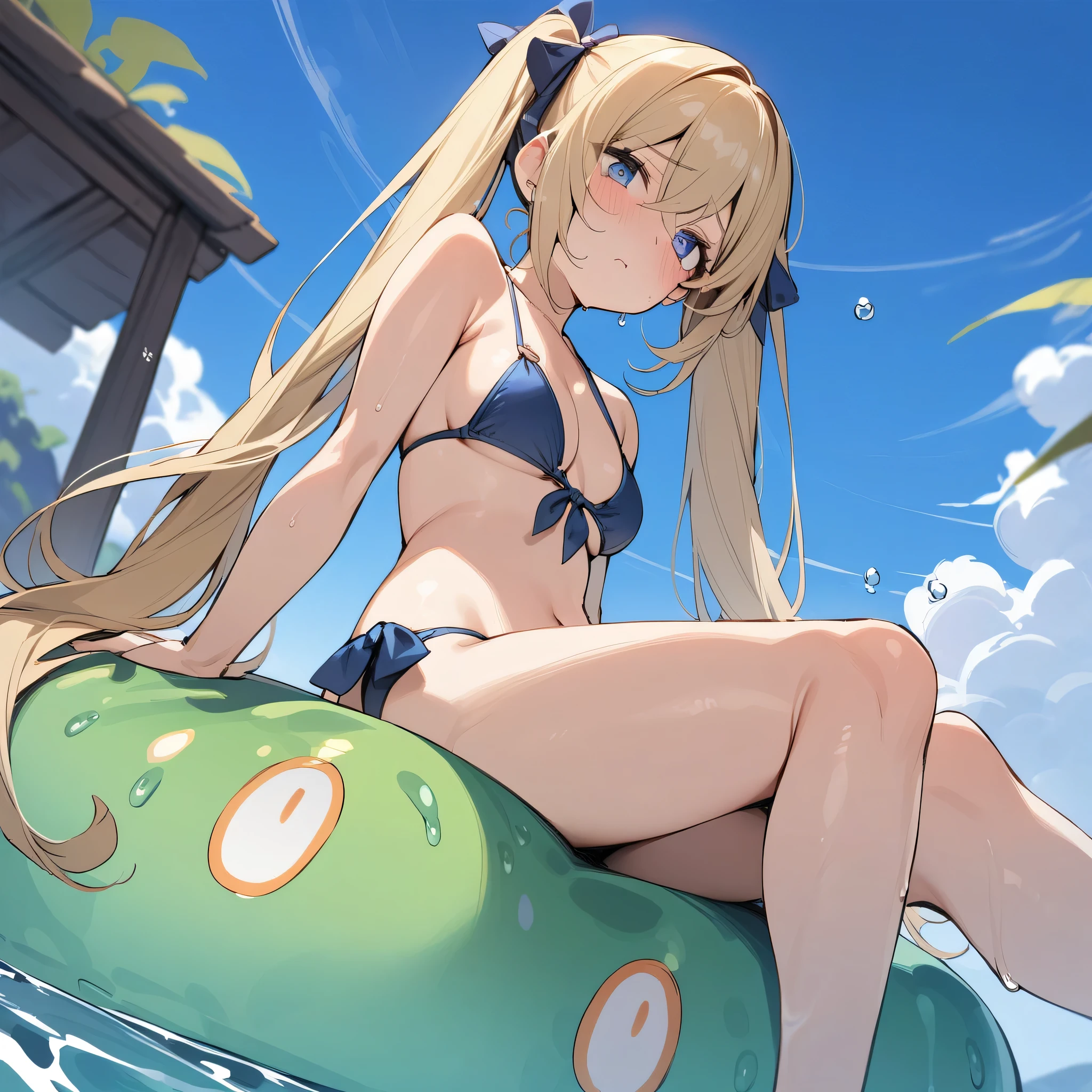(masterpiece), best quality, expressive eyes, perfect face, perfect body, low angle, bikini, very long hair, blue eyes, blonde, twintail, tsundere, sitting on slime 'genshin impact', outdoors,