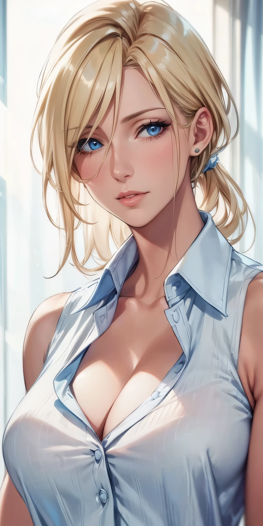 (best quality, highres, realistic), portrait, elegant mature woman, blue eyes,blonde hair, big breast, ultra detailed cg 8k, beautiful cg, soft light