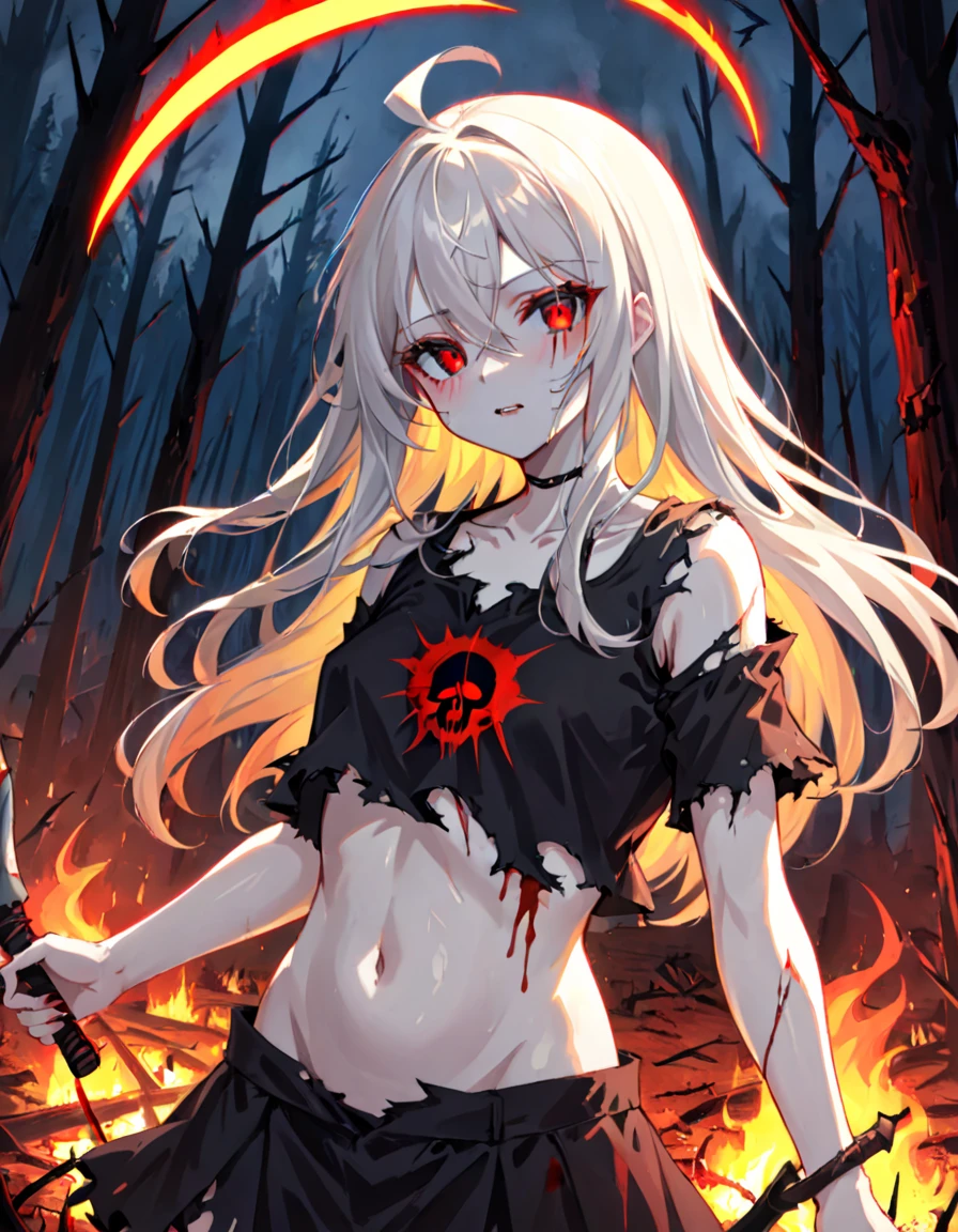 1 GIRL, WHOLE BODY, (BEST QUALITY), ROTTEN BODY, SEXI BODY, RIPPED CLOTHES, SMALL TORN BLOUSE, BELLY SHOWN, RIGHT ARM WITHOUT MEAT ONLY BONE, SMALL SICKLE IN HAND, SICKLE DIRTY WITH BLOOD, PALE SKIN, RED EYES NEON, LOOK OF PLEASURE, JUST KILLED A VICTIM, LONG HAIR, BANGS BETWEEN THE EYES, LOCKS OF HAIR ON FIRE, WOUNDS ON THE BODY, ANIME STYLE, BONES SHOWING, GODDESS OF DEATH, BODIES IN THE BACKGROUND, BODIES BURNING IN THE BACKGROUND , DESTROYED FOREST IN THE BACKGROUND, BLOOD EVERYWHERE, BODIES EVERYWHERE.