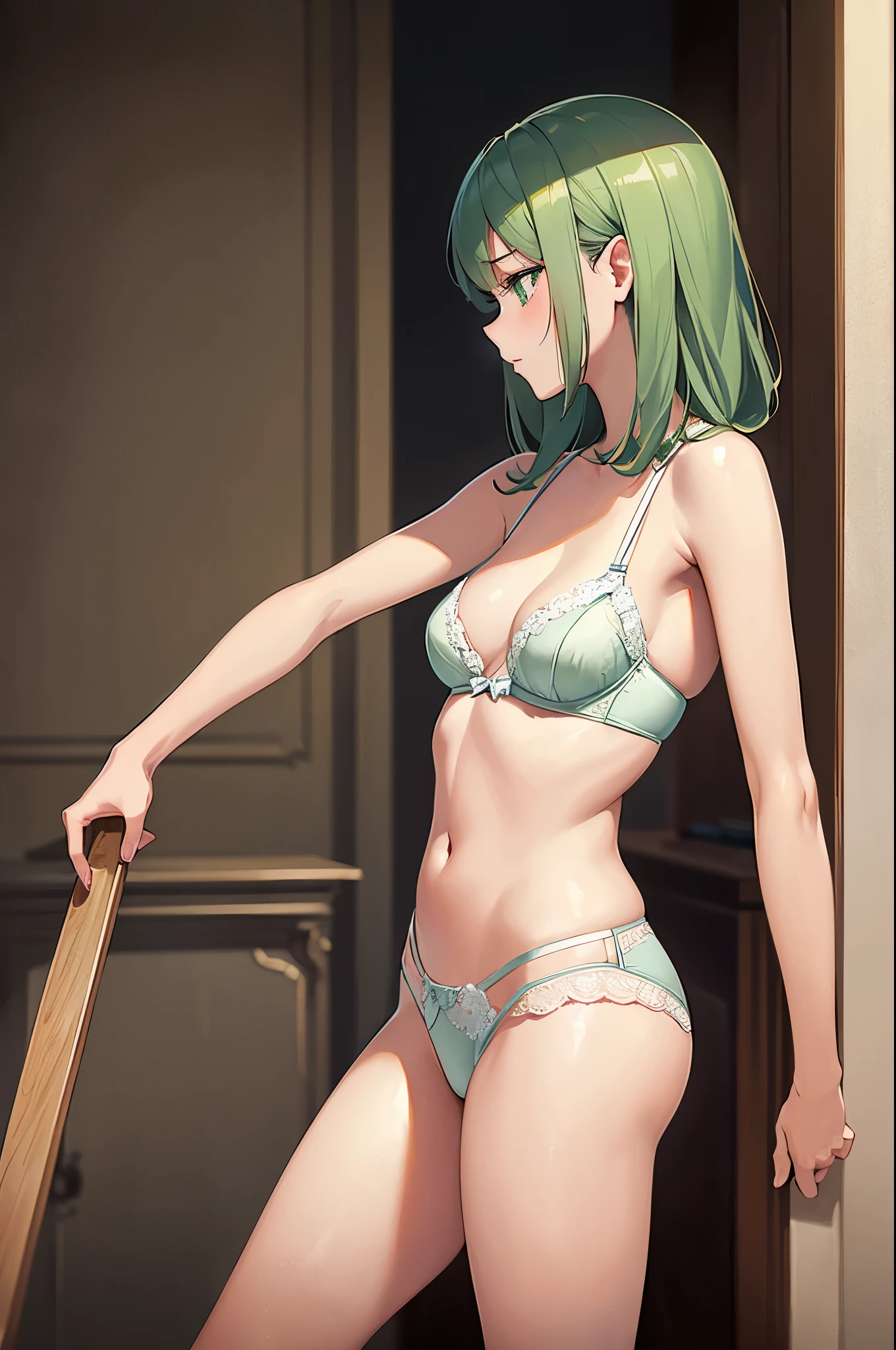 a sexy woman, soft light, (best quality), (masterpiece), (1girl), slim, anime, tall, (lingerie), (profile view), (green eyes), (flat chested), ()
