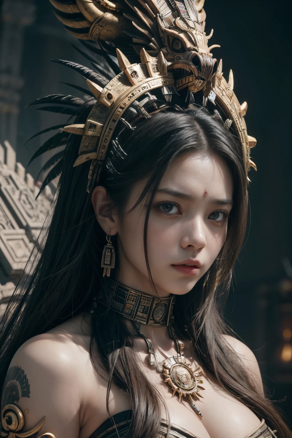 (high quality), (masterpiece), (detailed), 8K, Hyper-realistic portrayal of a futuristic (1girl1.2), Japanese character with Aztec-inspired aesthetics encountering a hellhog. Meticulous details capture the unique blend of cultural elements and futuristic innovation in this visually stunning composition. Trending on Artstation.