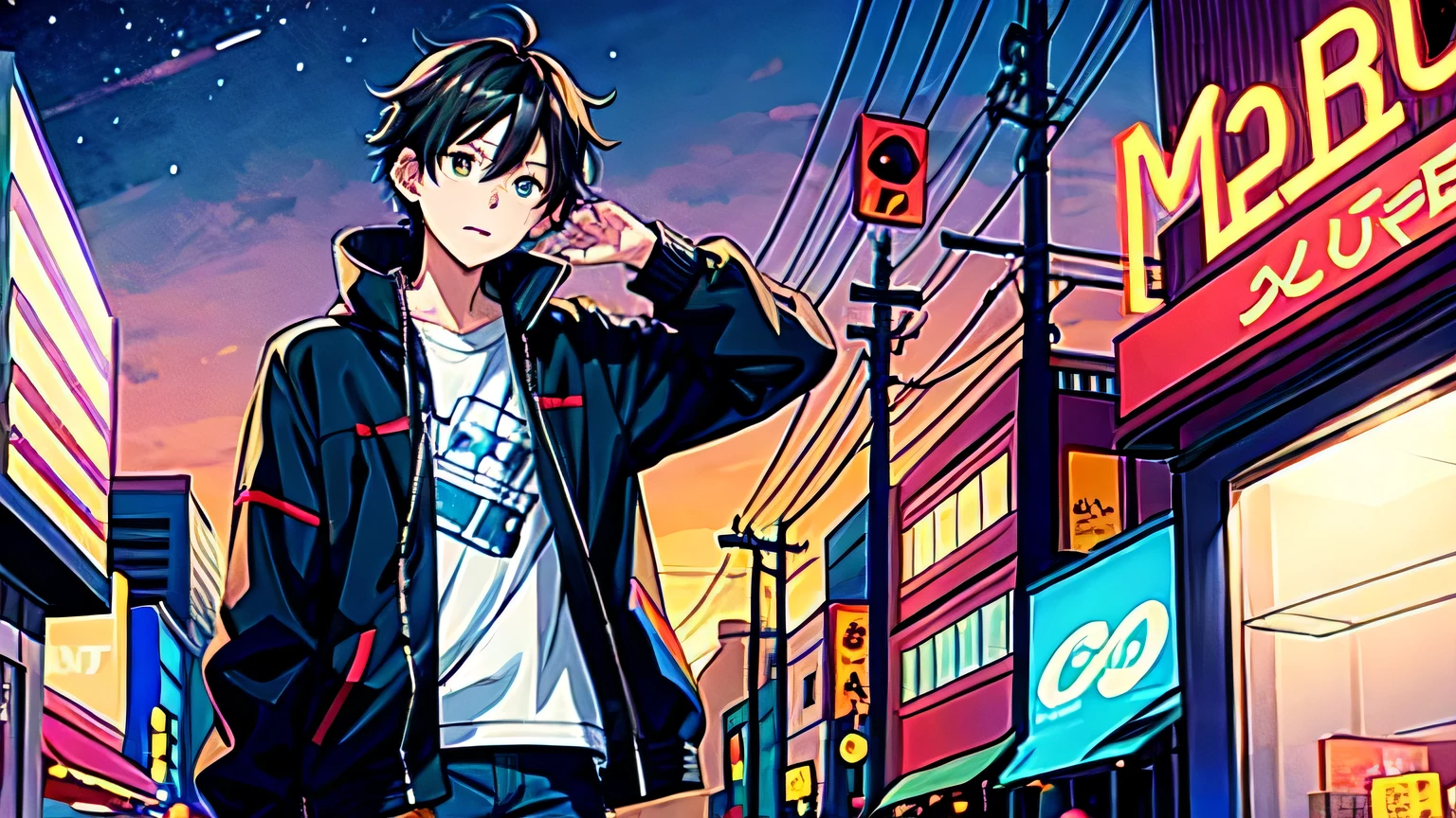 1 boy,black hair, (sketch:1.2), anime key visual, midnight, f/8, city pop