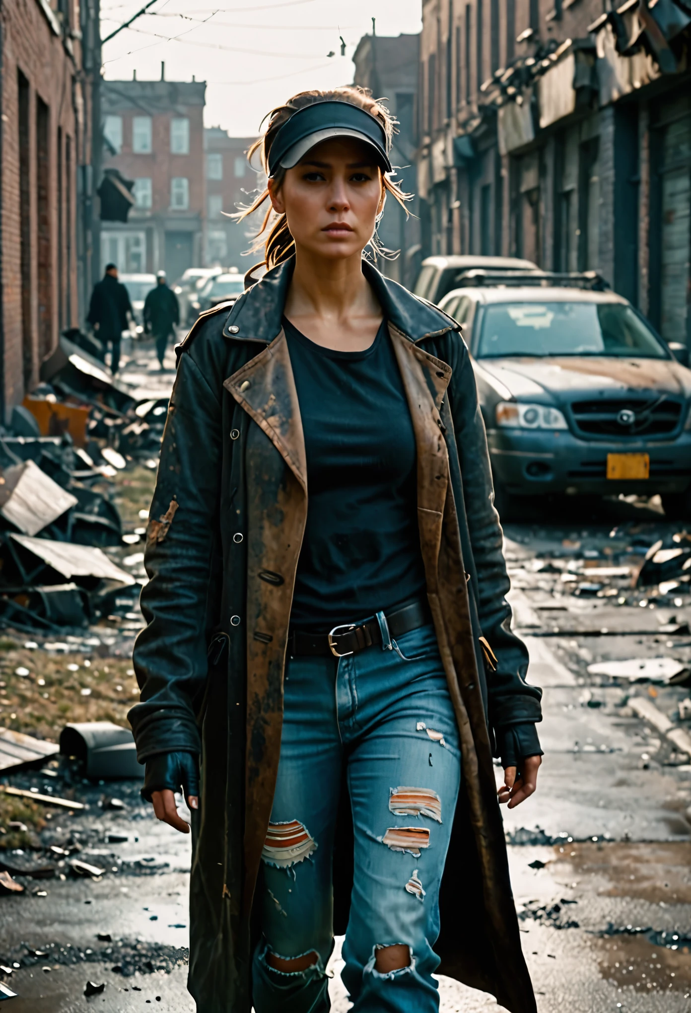A realistic photo of a post-apocalyptic world, a full silhouette, front view, a woman walking down the street, muscular and well-built, looking around with curiosity, face visible, no makeup, wearing loose jeans trousers, a long leather coat to the knees, a baseball cap on her head, hair tied in a ponytail, high knee boots, clothes damaged and worn, poorly matched and patched, some single pieces of equipment, The woman is carrying something or handing something to someone, Under the coat, she has a worn and torn sweater.  film grain, bokeh, ideal light, shadows