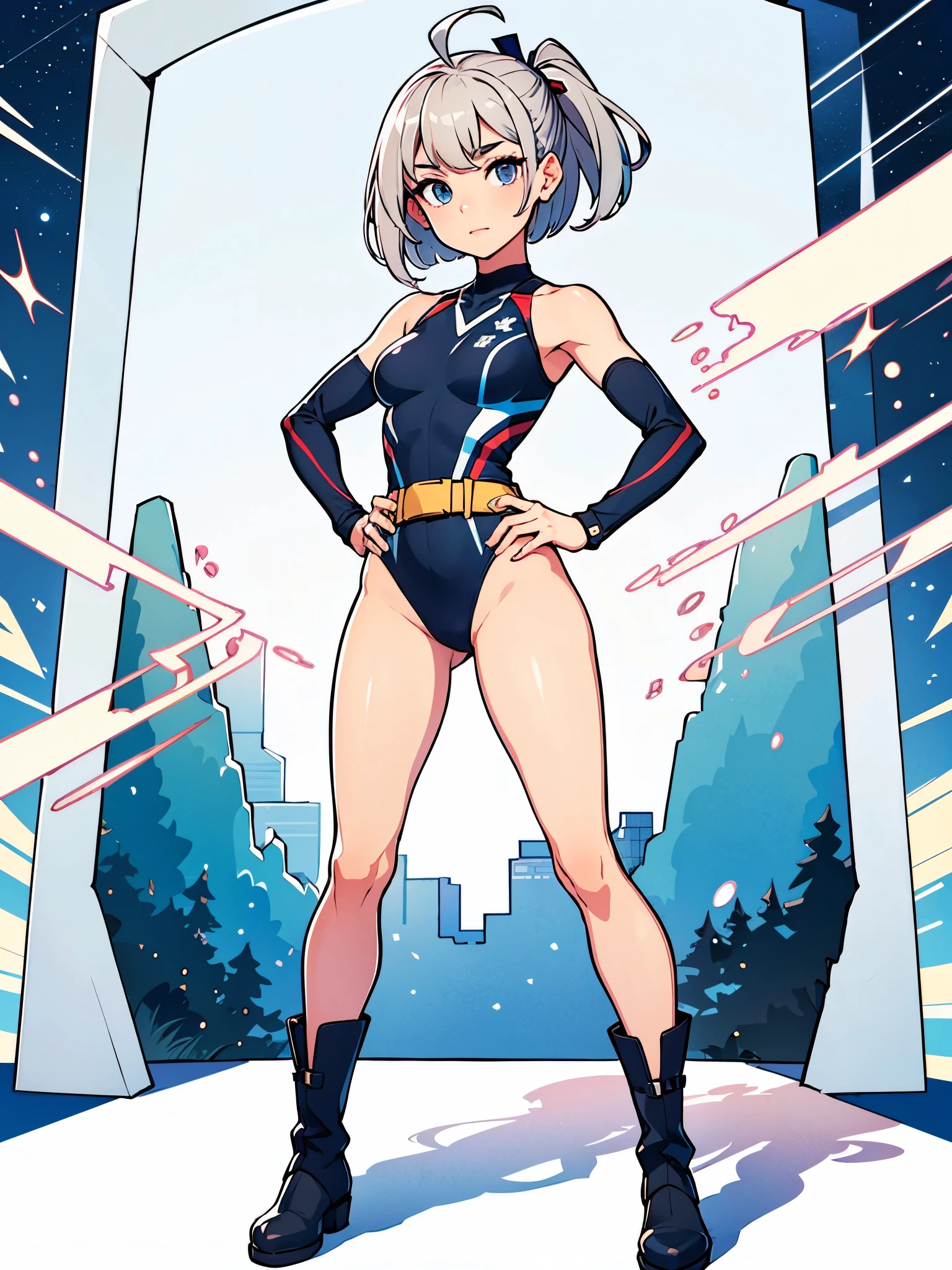 (((pixel-perfect, detail-perfect))), 1girl,  (college student), superhero, gymnast_outfit leotard, bare legs, boots, standing straight, solo focus, golden belt, one hand on hip, full body shot, outer space backdrop, sleeveless, ultra highres, absurdres, beautiful face, detailed eyes, symmetric eyes, bob hair, medium breasts, perfect body, perfect hands, good proportions, light swirls around her body, light particles, ahoge, solo, solo focus