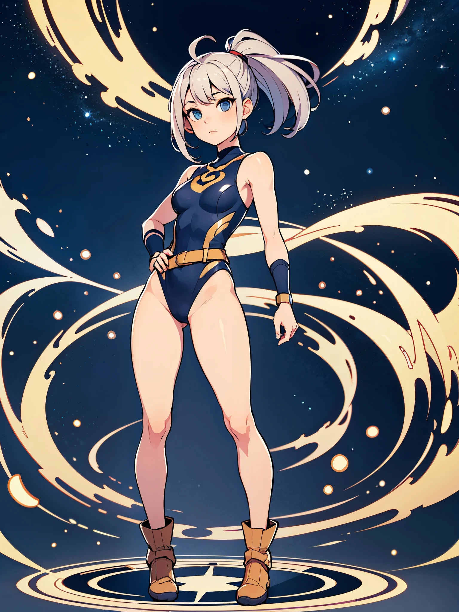 (((pixel-perfect, detail-perfect))), 1girl, (college student), superhero, gymnast_outfit leotard, bare legs, boots, standing straight, solo focus, golden belt, one hand on hip, full body shot, outer space backdrop, sleeveless, ultra highres, absurdres, beautiful face, detailed eyes, symmetric eyes, bob hair, medium breasts, perfect body, perfect hands, good proportions, light swirls around her body, light particles, ahoge, solo, solo focus