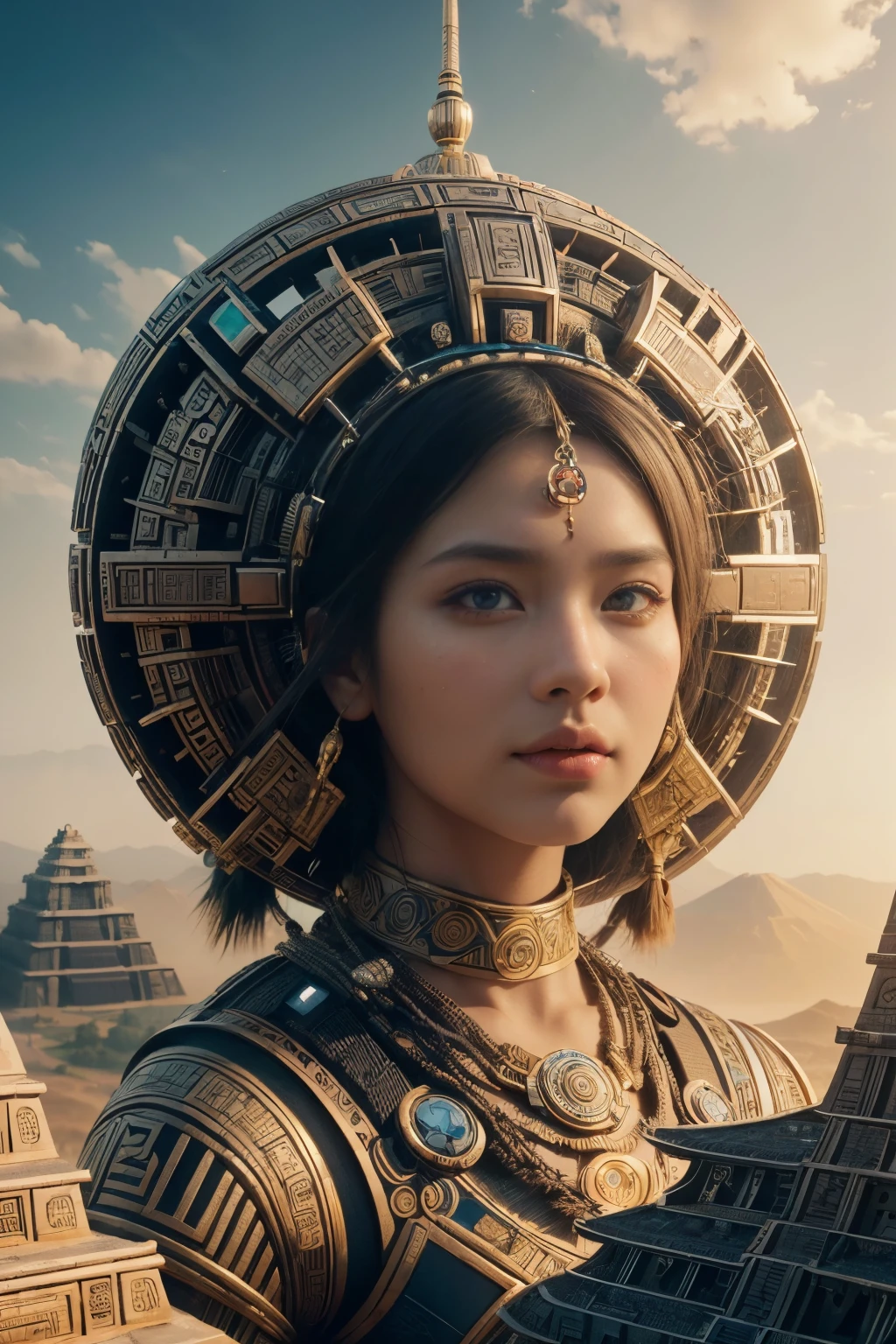 (high quality), (masterpiece), (detailed), 8K, Hyper-realistic portrayal of a futuristic (1girl1.2), Japanese character amidst Aztec-inspired scenery with a towering ziggurat. Meticulous details capture the fusion of cultural elements and futuristic innovation in this visually stunning composition. Trending on Artstation.