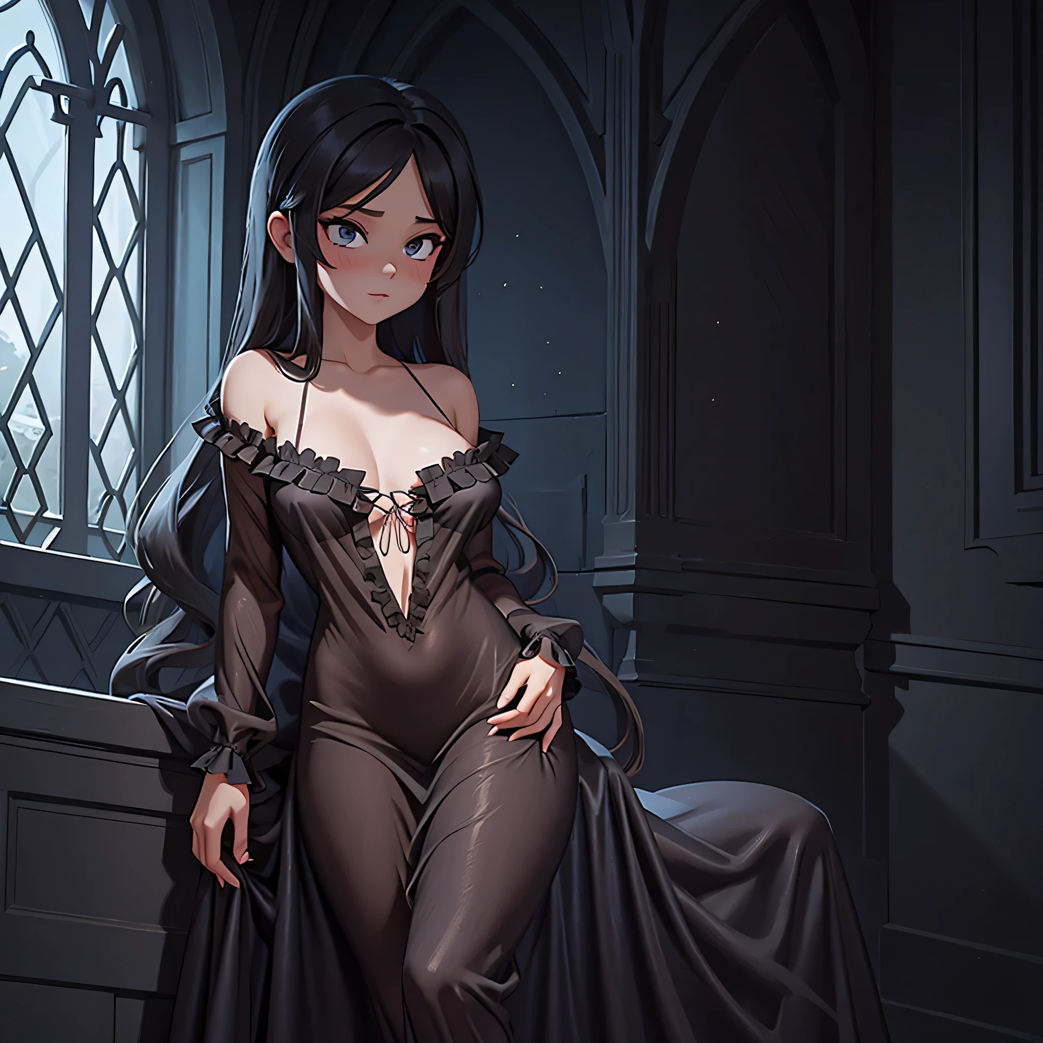 a sexy girl in a long beautiful silk gown,black nightgown