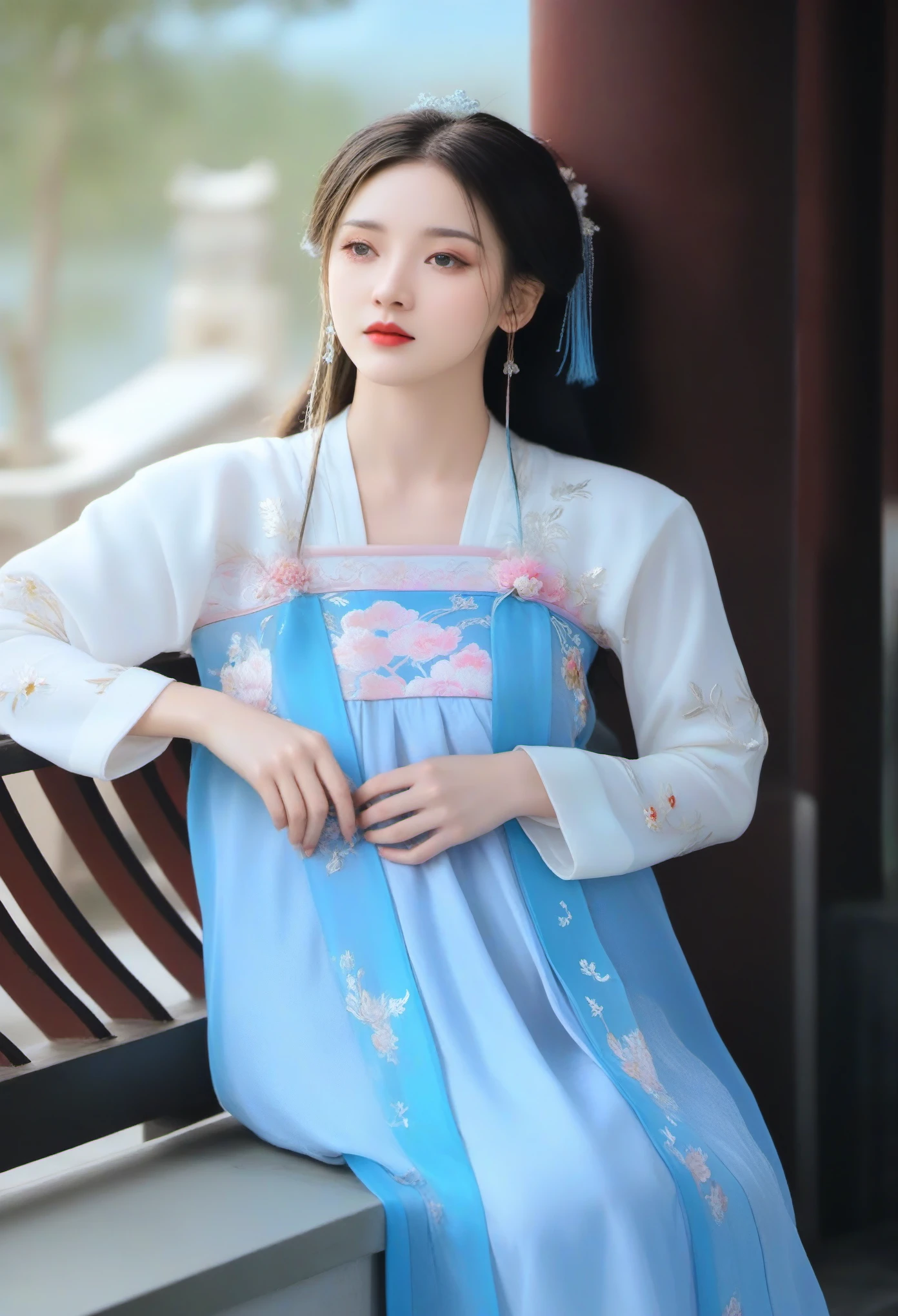 a close up of a woman in a blue and white dress, wearing ancient chinese clothes, traditional chinese clothing, palace ， a girl in hanfu, hanfu, white hanfu, chinese costume, with acient chinese clothes, traditional tai costume, chinese dress, traditional clothes, traditional chinese, traditional dress, ancient chinese princess, hanbok apron, tang dynasty