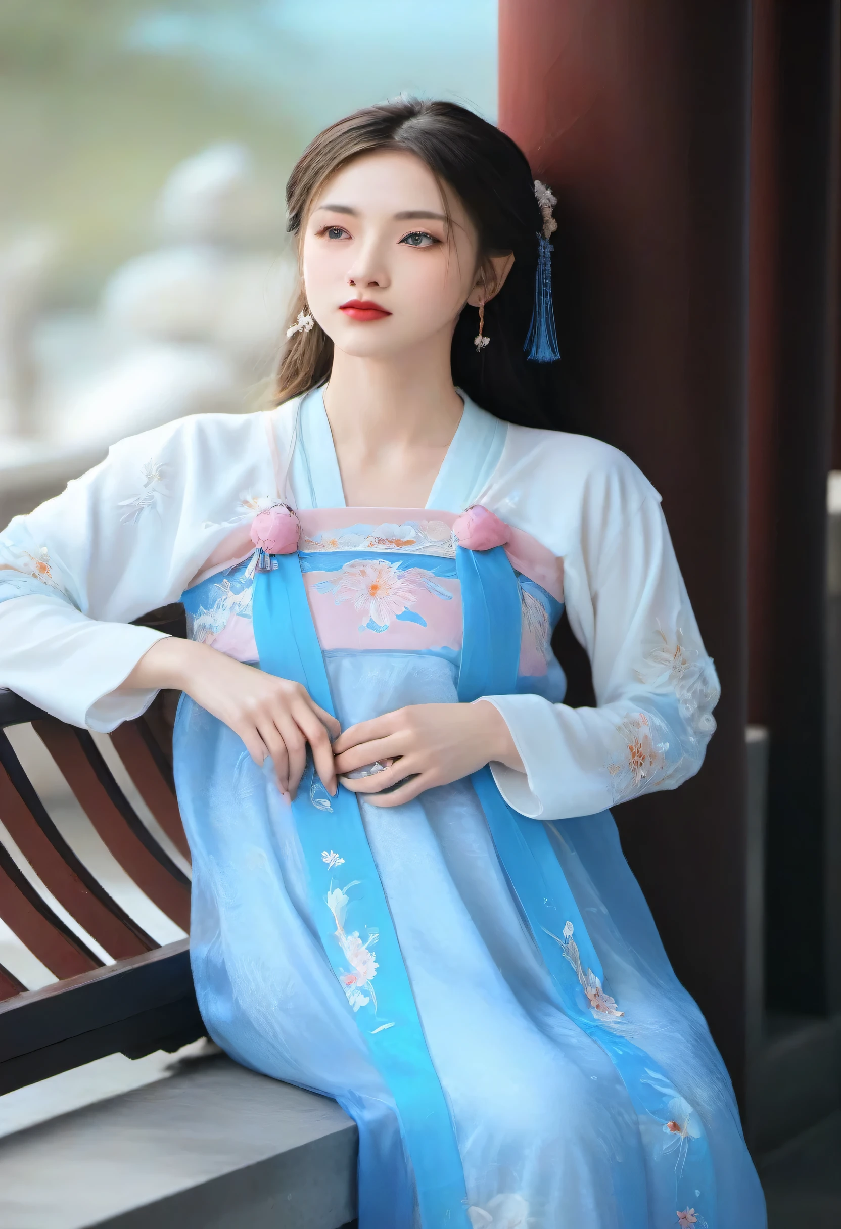 a close up of a woman in a blue and white dress, wearing ancient chinese clothes, traditional chinese clothing, palace , a girl in hanfu, hanfu, white hanfu, chinese costume, with acient chinese clothes, traditional tai costume, chinese dress, traditional clothes, traditional chinese, traditional dress, ancient chinese princess, hanbok apron, tang dynasty