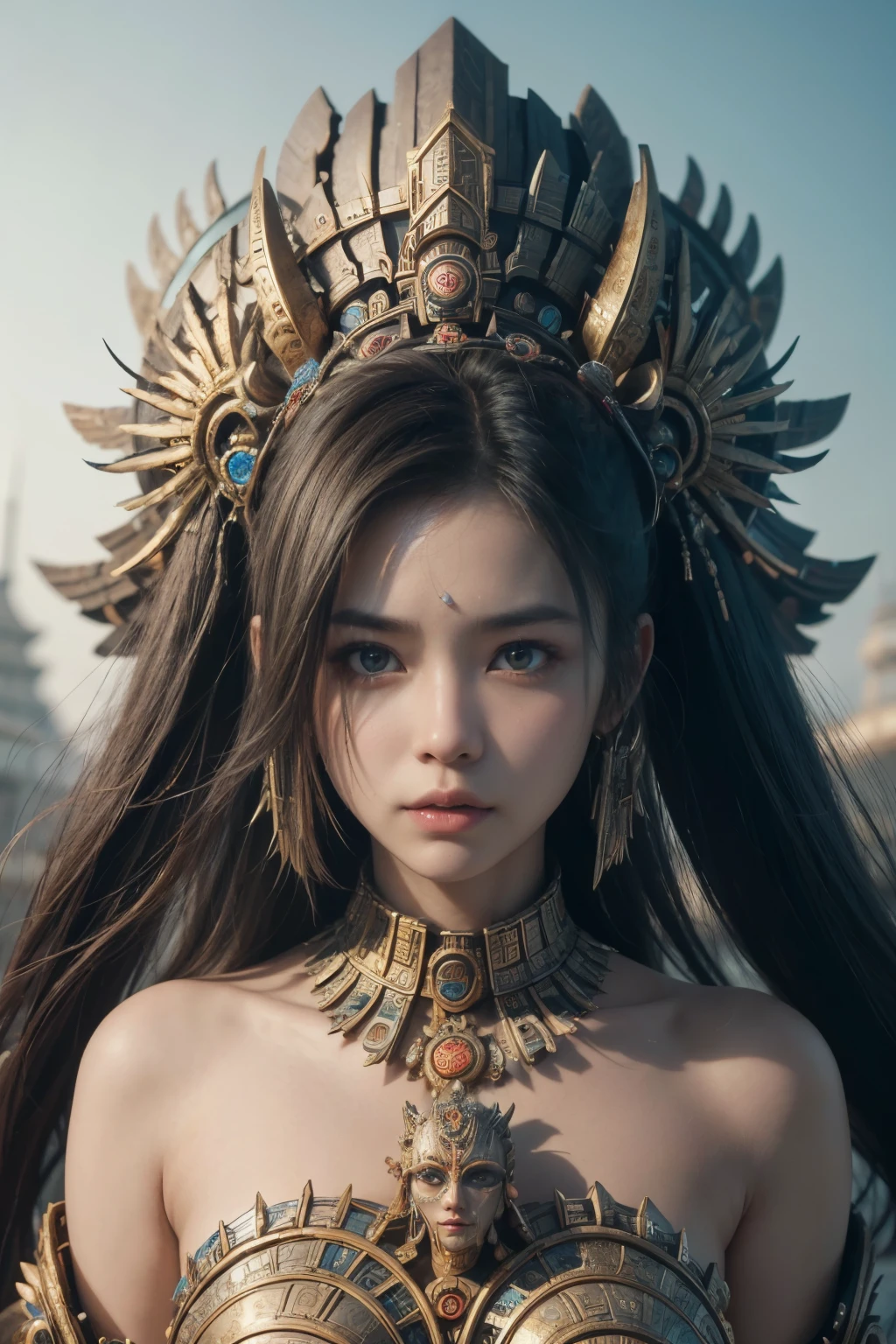 (high quality), (masterpiece), (detailed), 8K, Hyper-realistic portrayal of a futuristic (1girl1.2), Japanese character amidst Aztec-inspired scenery with a towering ziggurat. Meticulous details capture the fusion of cultural elements and futuristic innovation in this visually stunning composition. Trending on Artstation.