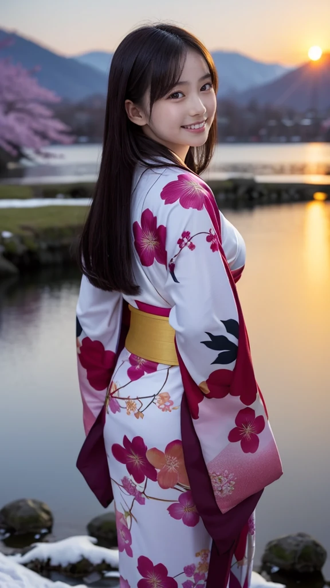 Asuna, masterpiece, highest quality, become familiar with, (1 girl), alone, become familiar with golden eyes, long hair, Are standing, close to the viewer, (become familiar with kimono), light smile, medium breasts,  (turn your arms behind your back), water, sunset, (hair ornaments), (cherry blossoms bloom),  Snowy mountain lake in background