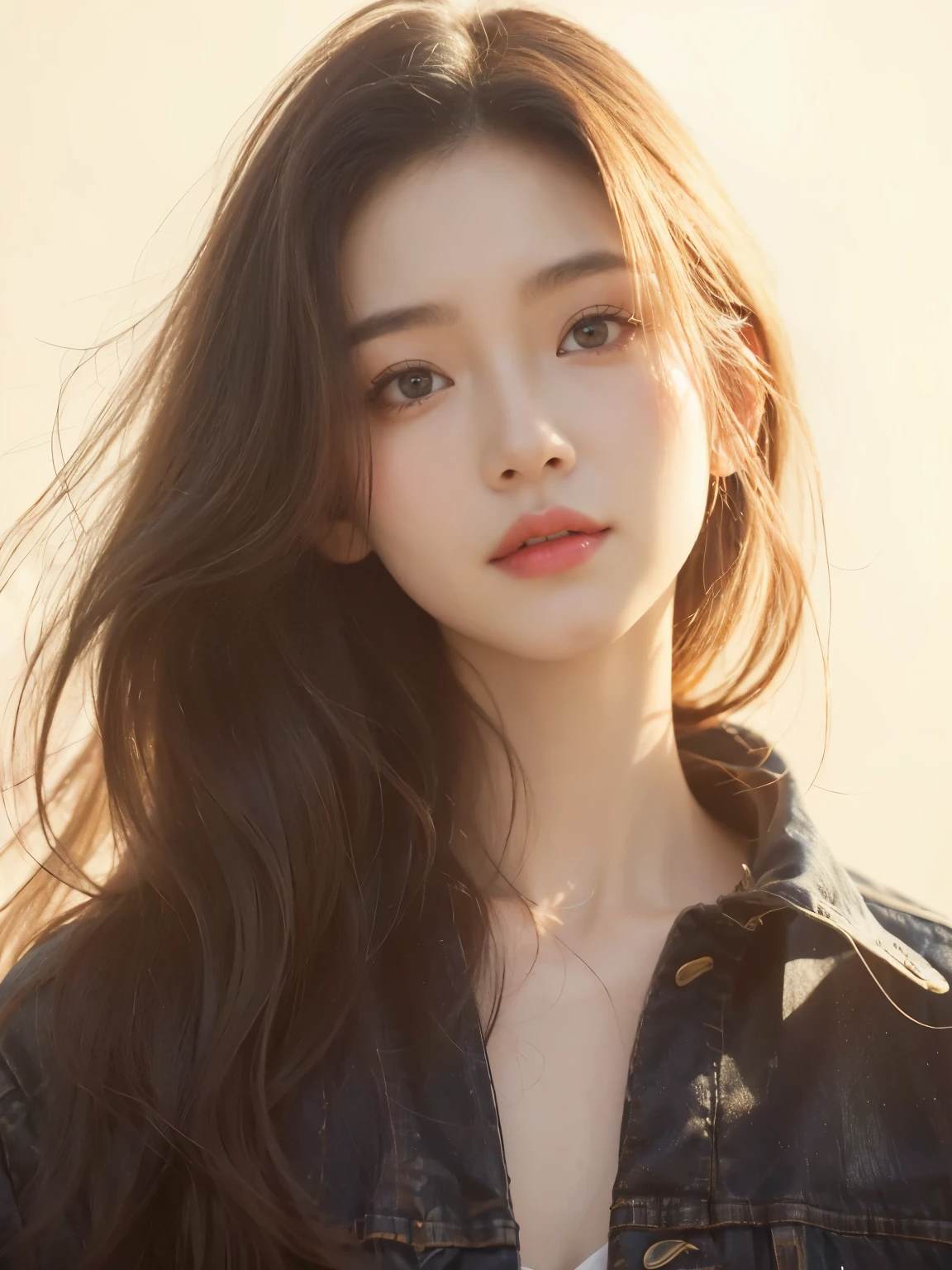 Close-up of a woman with long hair in a denim jacket, actual. cheng yi, actual cute girl painting, guweiz style artwork, actual artstyle, beautiful actual face, 🤤 girl portrait, actual beautiful face, guweiz, actual art style, author：Yang Jie, author：Li Song, Beautiful anime portrait, portrait cute delicate face