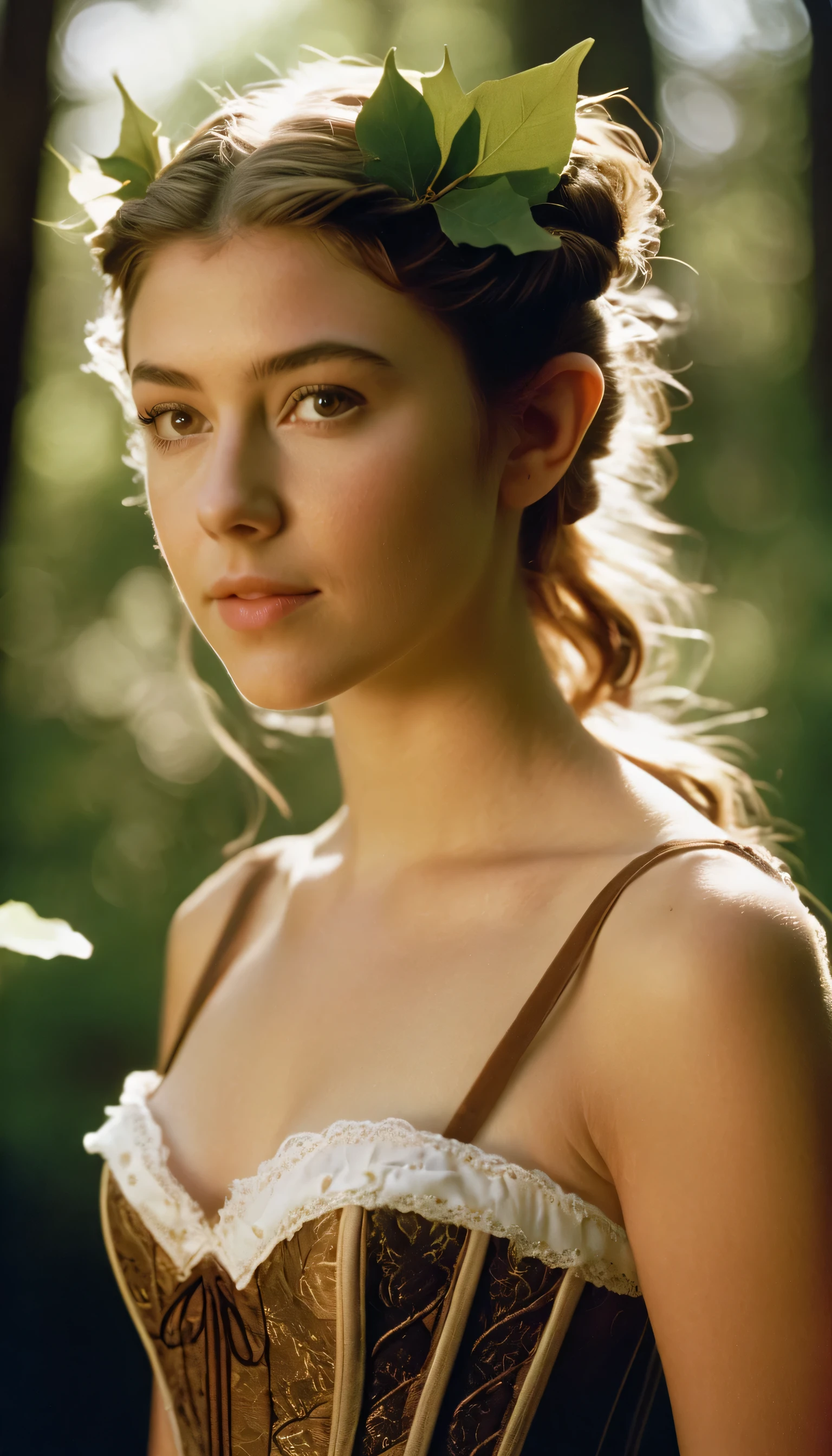 analog film photo, photo of a young girl, 18 years-old, (leaf-covered corset:1.1), elf, elf ears, long pointy ear tips, brown eyes, messy ponytail, light-brown sun-tanned skin, pretty, natural beauty, resembles a young Mary Elizabeth Winstead, humid day, elven forest, sweaty glistening off of skin, RAW Photograph, dslr, soft lighting, high quality, film grain, Fujifilm XT3, detailed skin with visible pores, insane details, masterpiece, 8k, 35mm photograph, dslr, kodachrome, faded film, desaturated, 35mm photo, grainy, vintage, Kodachrome, Lomography, stained, highly detailed, found footage, full-body, elven ears