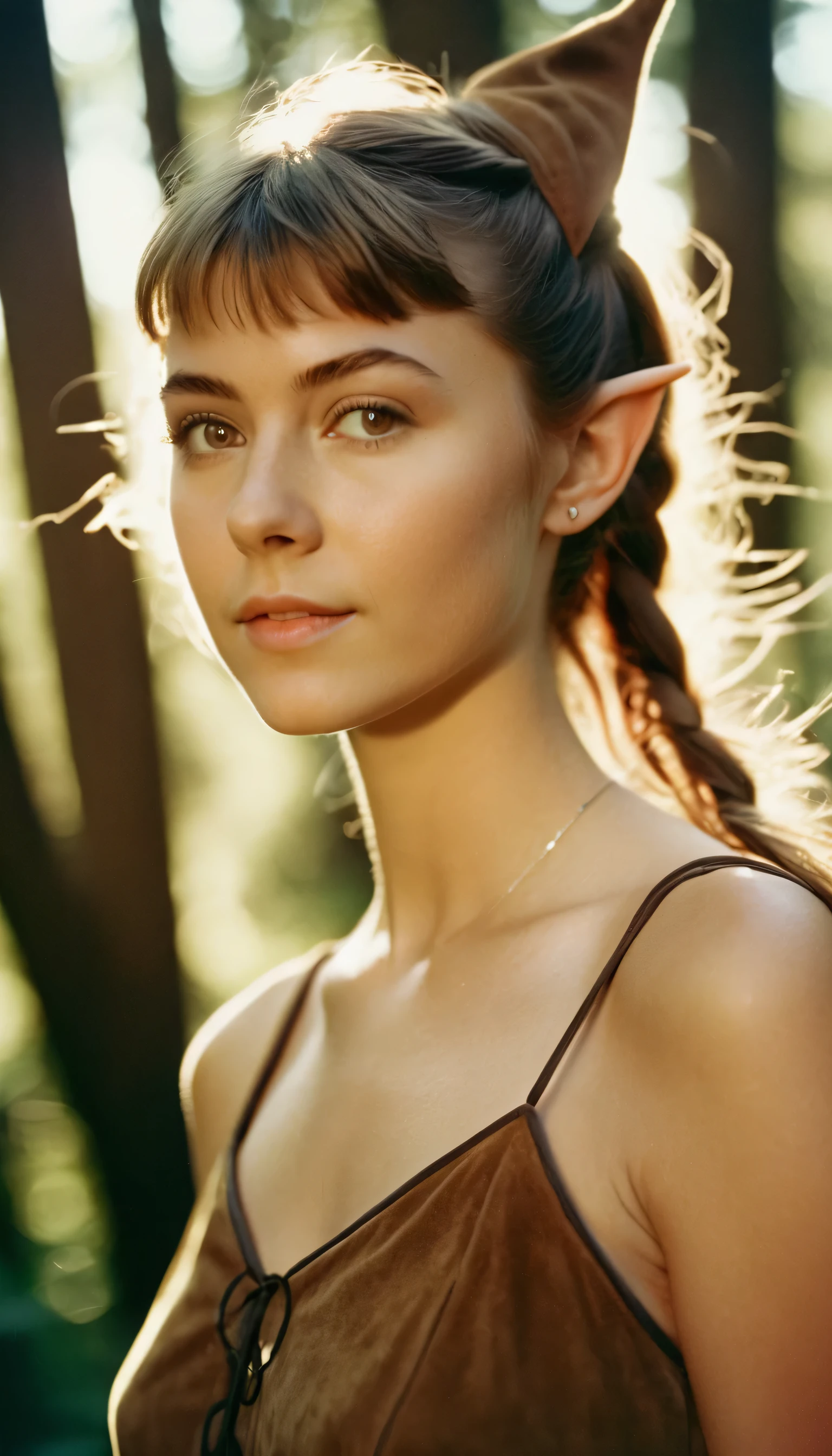 analog film photo, photo of a young girl, 18 years-old, (suede dress:1.1), elf, elf ears, long pointy ear tips, brown eyes, messy ponytail, light-brown sun-tanned skin, pretty, natural beauty, resembles a young Mary Elizabeth Winstead, humid day, elven forest, sweaty glistening off of skin, RAW Photograph, dslr, soft lighting, high quality, film grain, Fujifilm XT3, detailed skin with visible pores, insane details, masterpiece, 8k, 35mm photograph, dslr, kodachrome, faded film, desaturated, 35mm photo, grainy, vintage, Kodachrome, Lomography, stained, highly detailed, found footage, full-body, elven ears