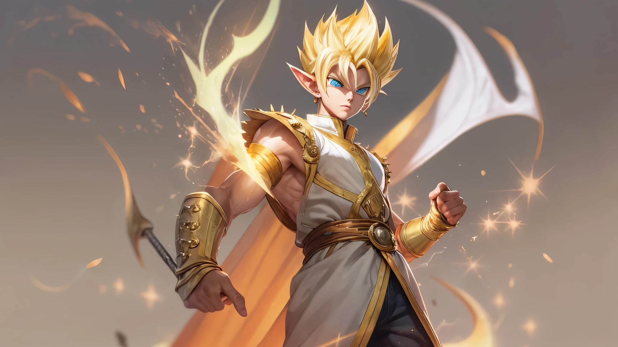 (masterpiece), 8k, best quality, full body, elf boy, naive, male, teenager, 14 years old, white skin, slim body, pointed elf ears, beautiful finely detailed silver eyes, high forehead, hair yellow blonde spiky like Gohan from the anime dragon ball (super sayajin), Incredibly handsome, calm appearance, conservative elven outfit, holding golden pickaxe, golden pickaxe fight (short), warrior, brave, strong, hero, valor, fearless, full of action, adventure, heroic pose, serious expression