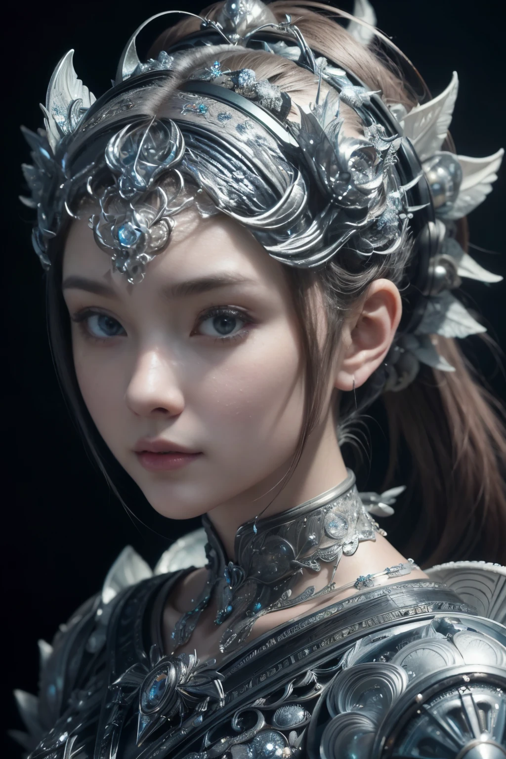 (high quality), (masterpiece), (detailed), 8K, Hyper-realistic portrayal of a futuristic (1girl1.2), Japanese character within a mandelbulb-inspired silver environment. Meticulous details capture the seamless blend of tradition and innovation in this visually stunning composition. Trending on Artstation.